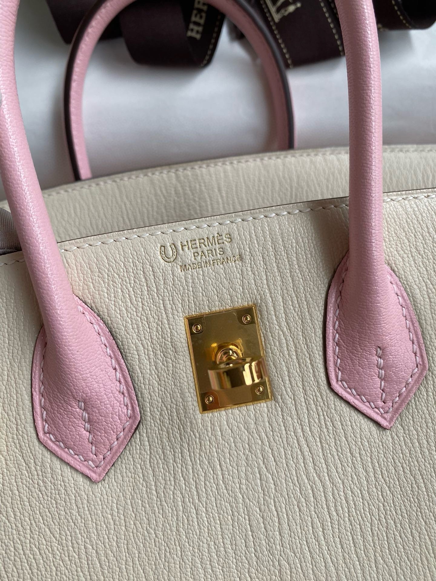H**mes hss birkin 25 bicolor bag in craie and pink chevre mysore leather
