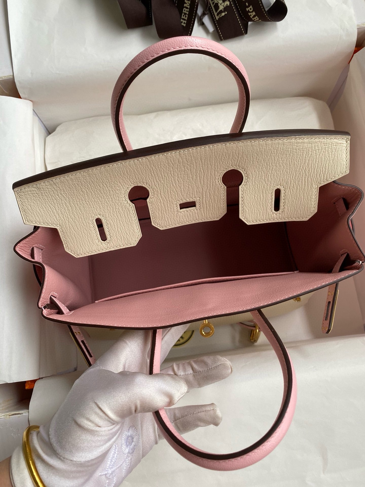 H**mes hss birkin 25 bicolor bag in craie and pink chevre mysore leather