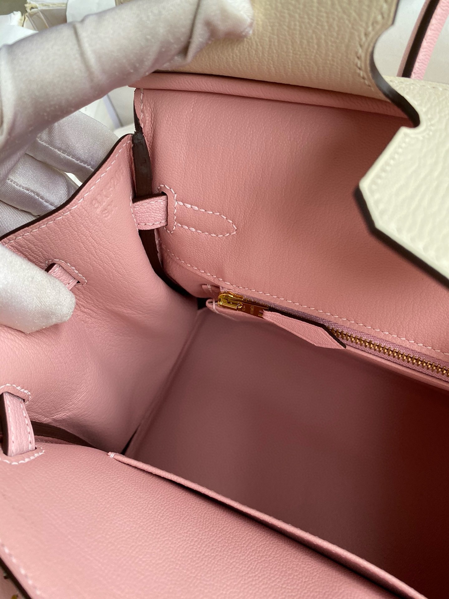H**mes hss birkin 25 bicolor bag in craie and pink chevre mysore leather