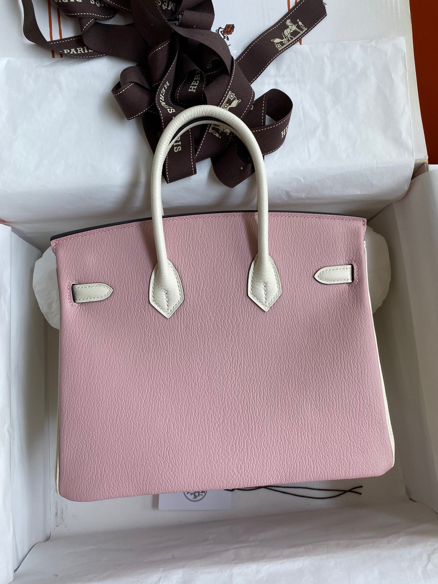 H**mes hss birkin 25 bicolor bag in pink and craie chevre mysore leather