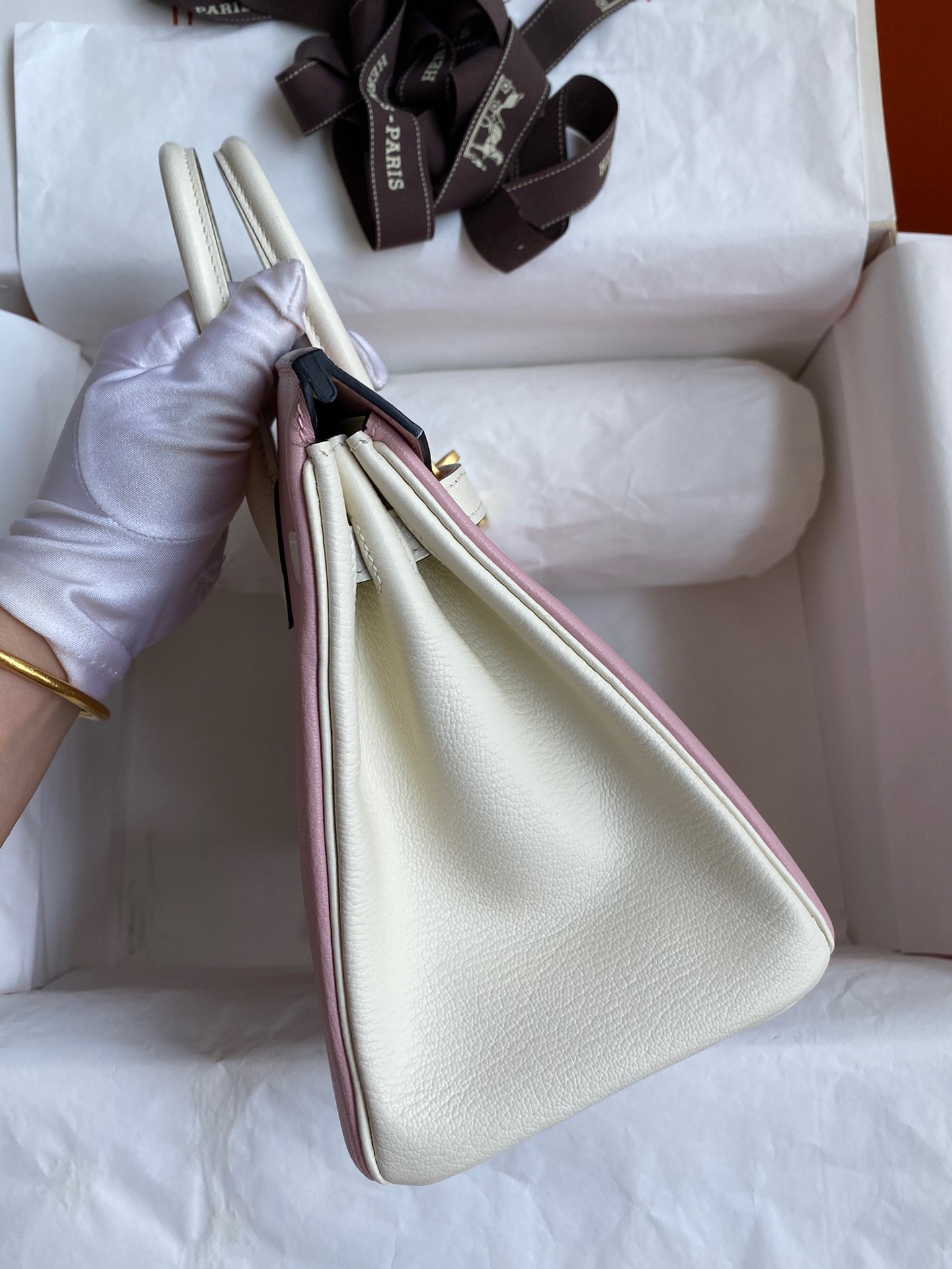 H**mes hss birkin 25 bicolor bag in pink and craie chevre mysore leather