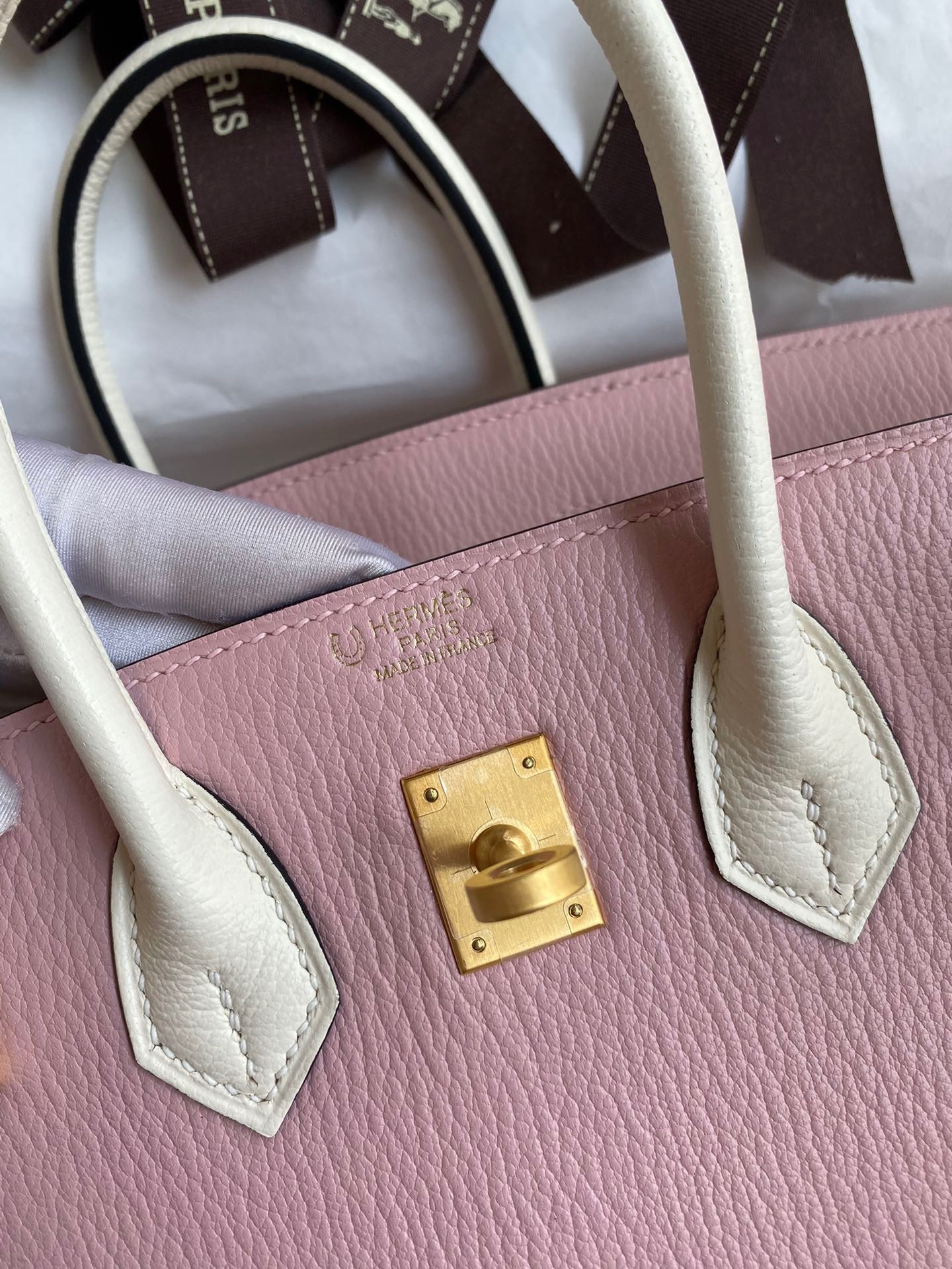 H**mes hss birkin 25 bicolor bag in pink and craie chevre mysore leather