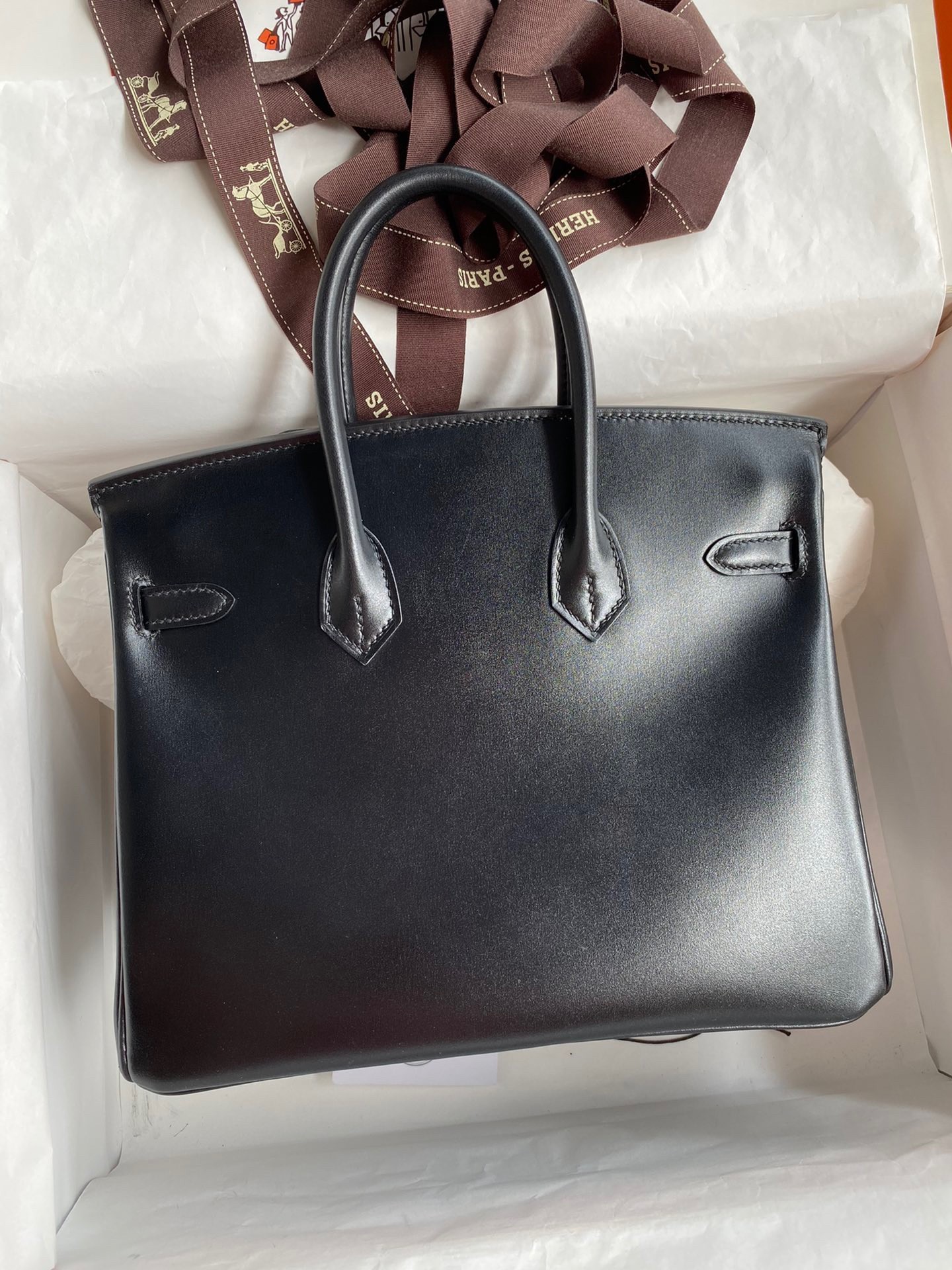 H**mes birkin 25 retourne handmade bag in black box calfskin