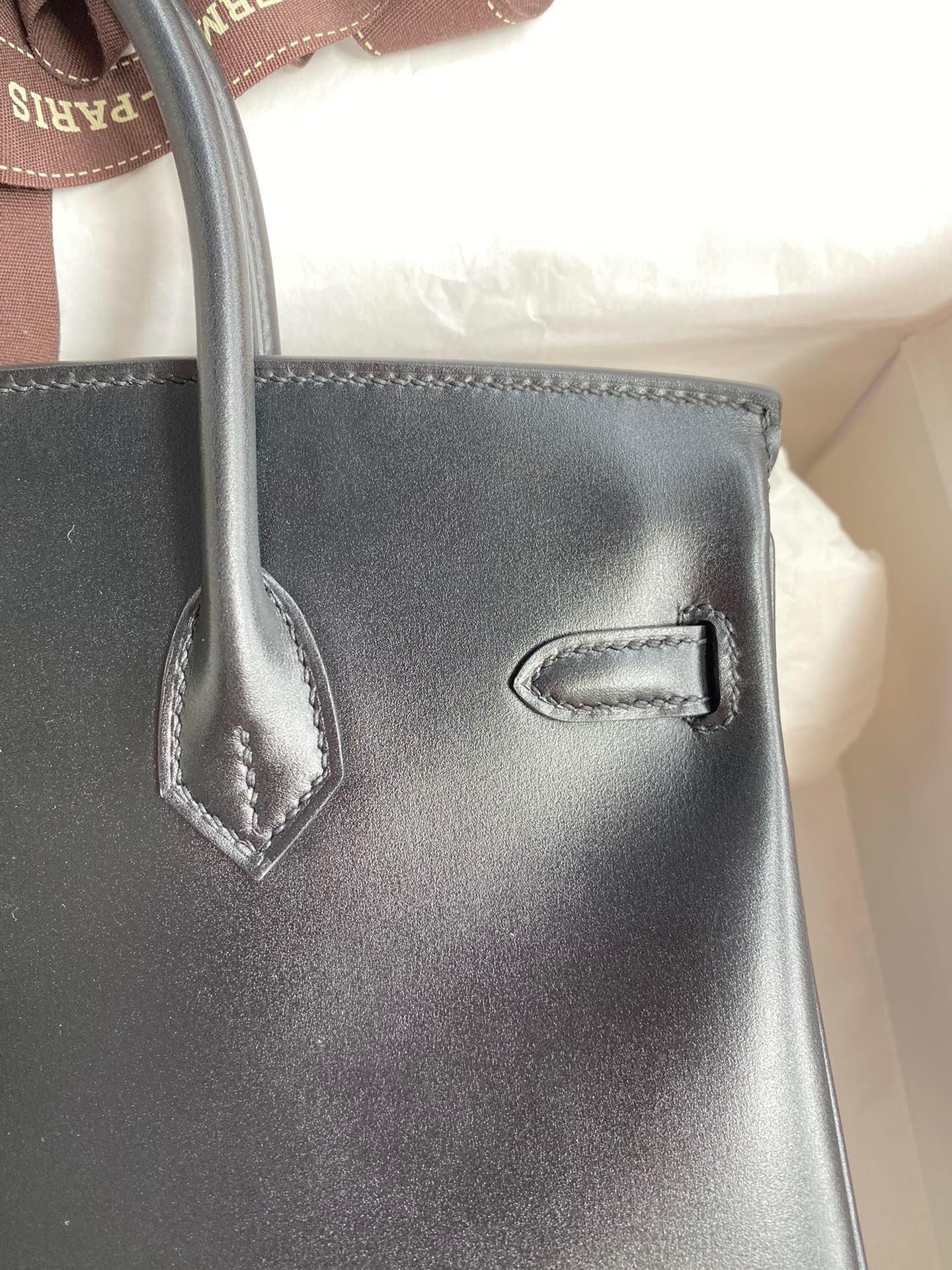 H**mes birkin 25 retourne handmade bag in black box calfskin