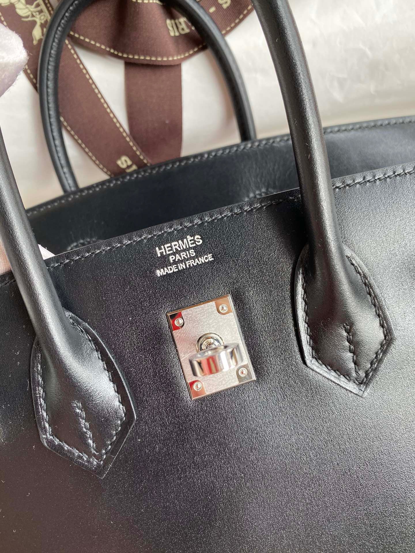 H**mes birkin 25 retourne handmade bag in black box calfskin
