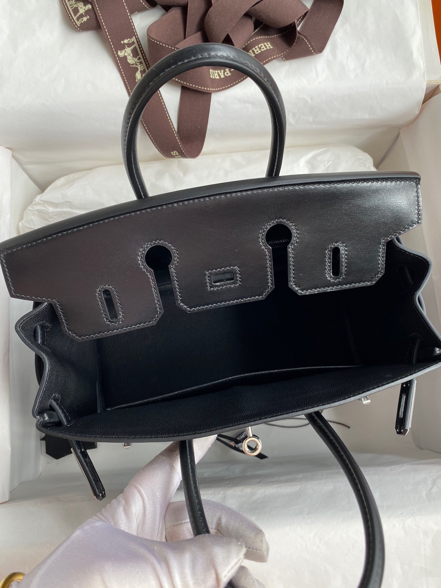 H**mes birkin 25 retourne handmade bag in black box calfskin