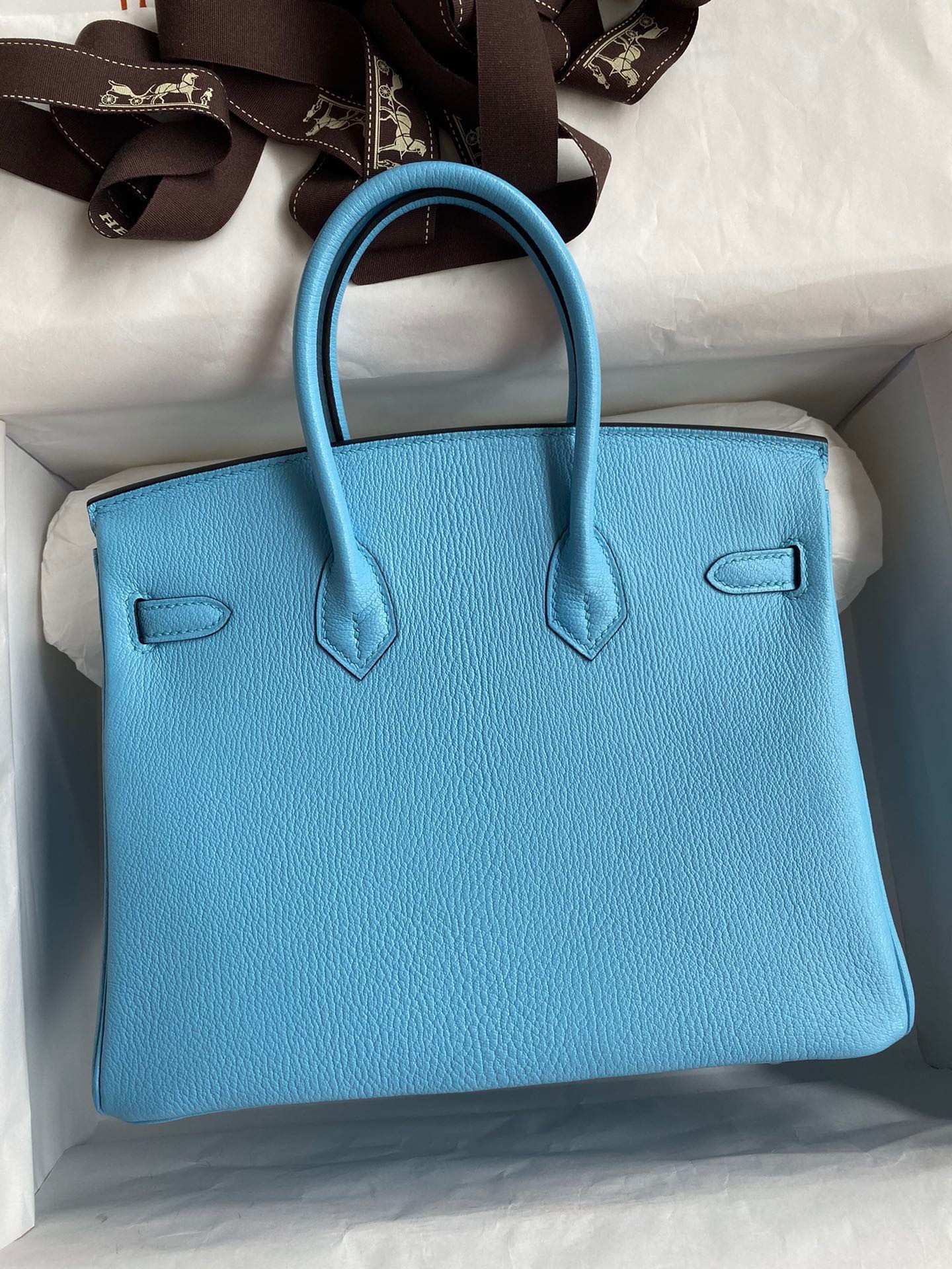 H**mes birkin 25 retourne handmade bag in blue aztec chevre mysore leather