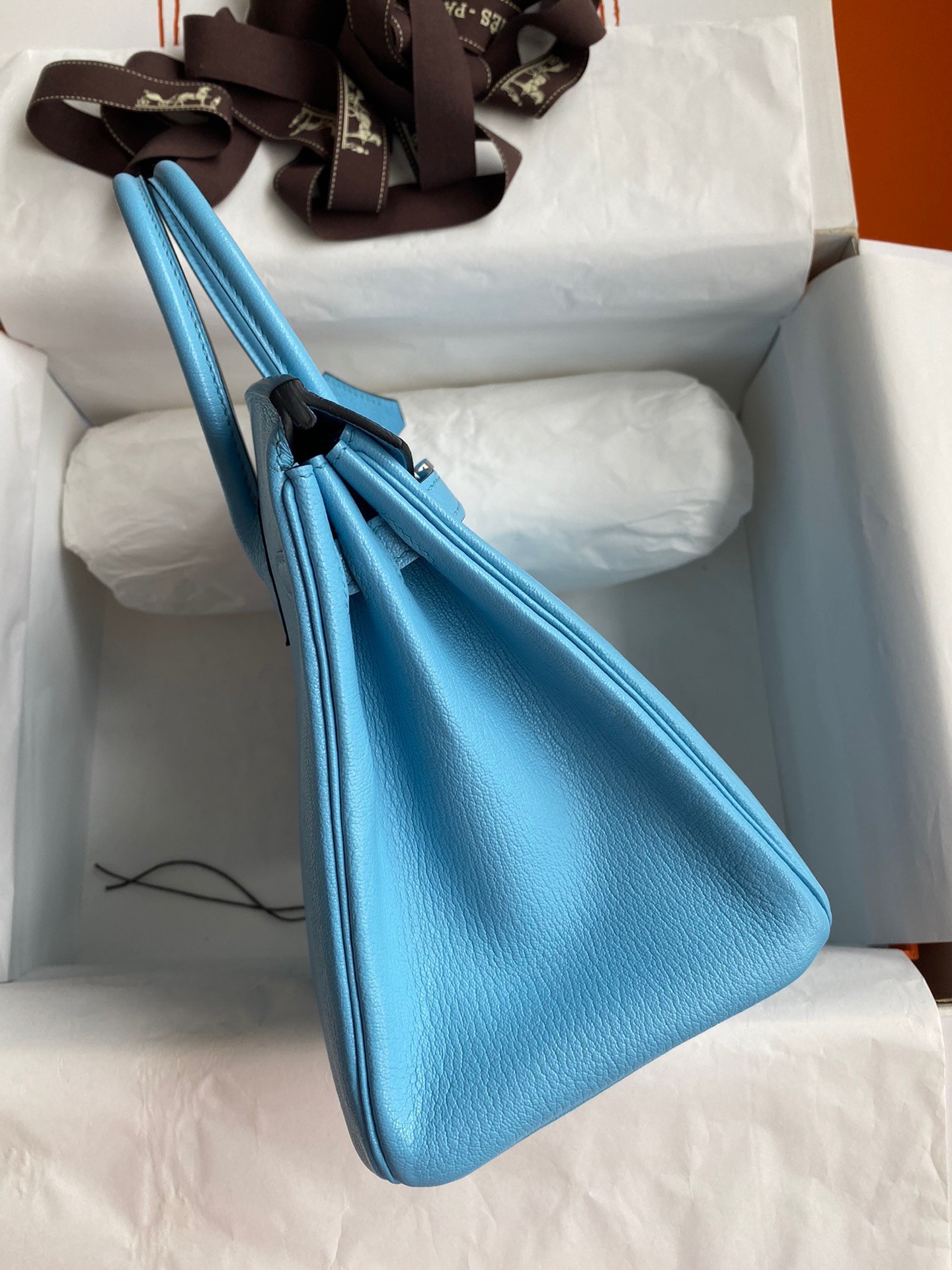 H**mes birkin 25 retourne handmade bag in blue aztec chevre mysore leather