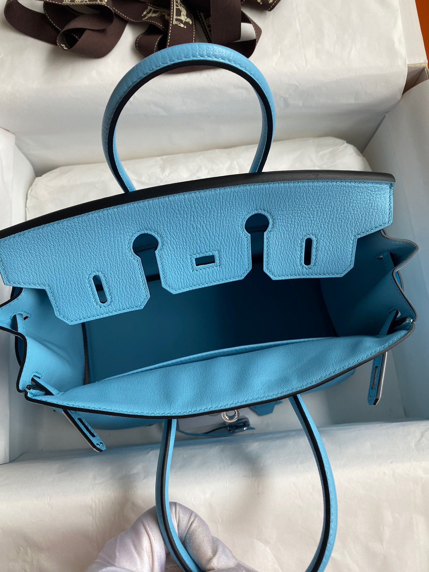 H**mes birkin 25 retourne handmade bag in blue aztec chevre mysore leather