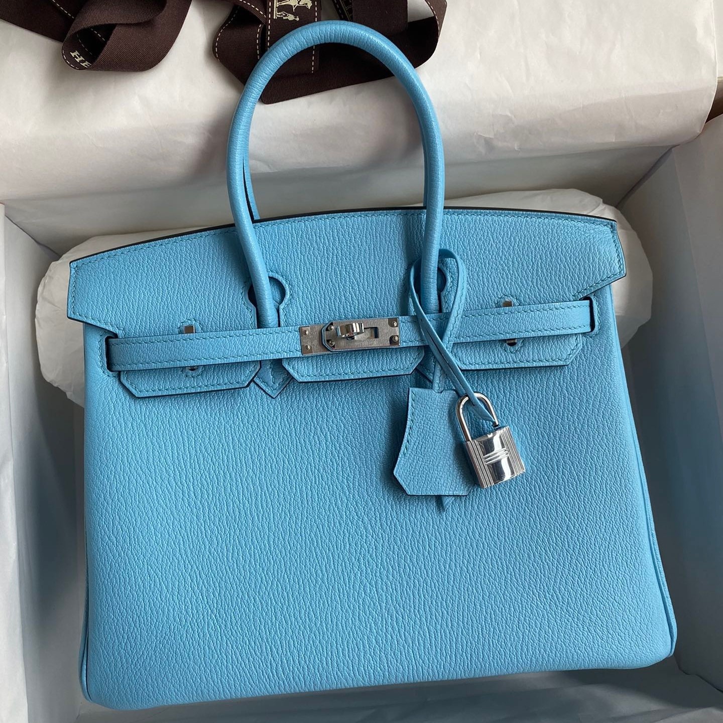 H**mes birkin 25 retourne handmade bag in blue aztec chevre mysore leather