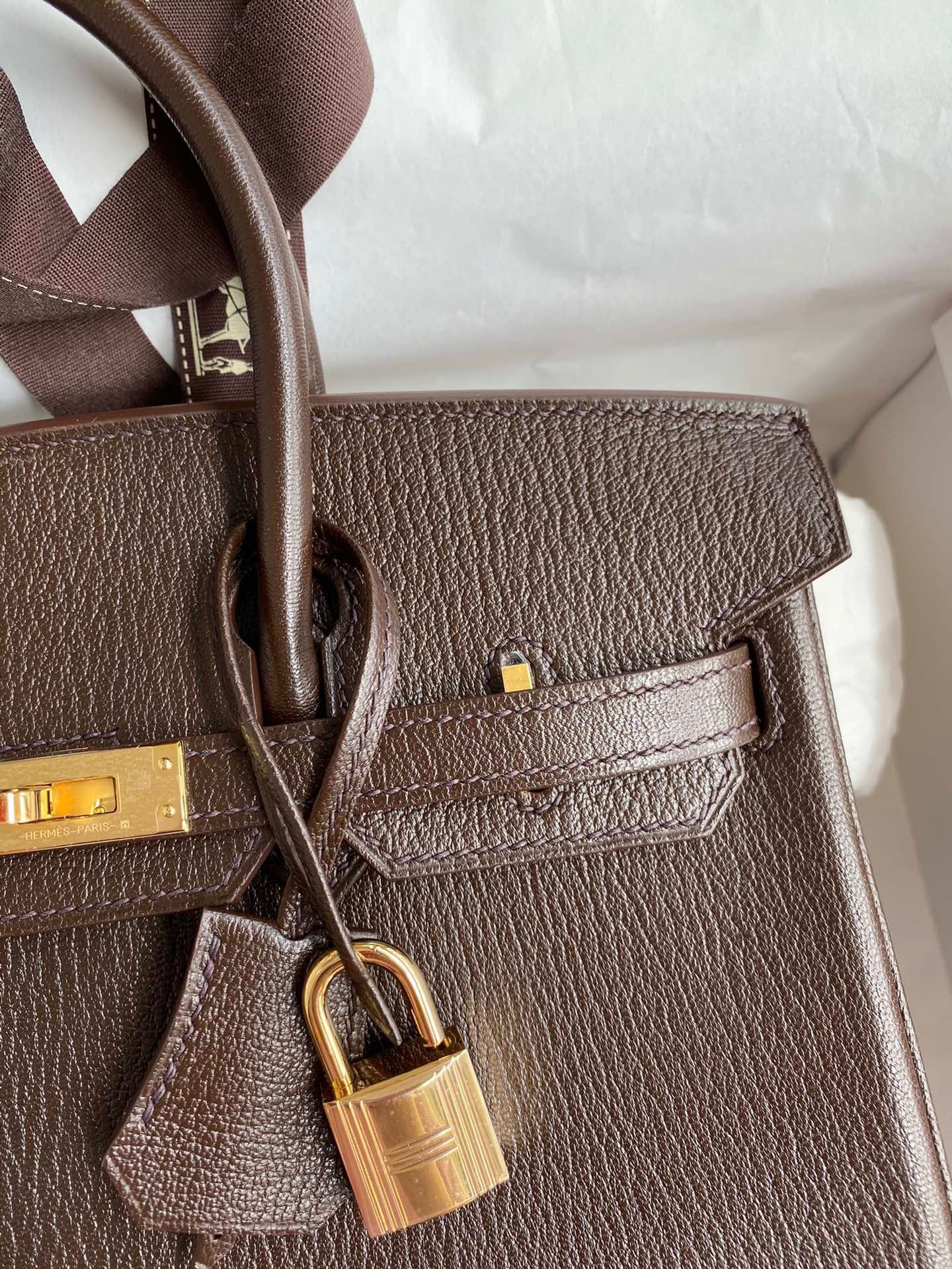 H**mes birkin 25 retourne handmade bag in chocolat chevre mysore leather