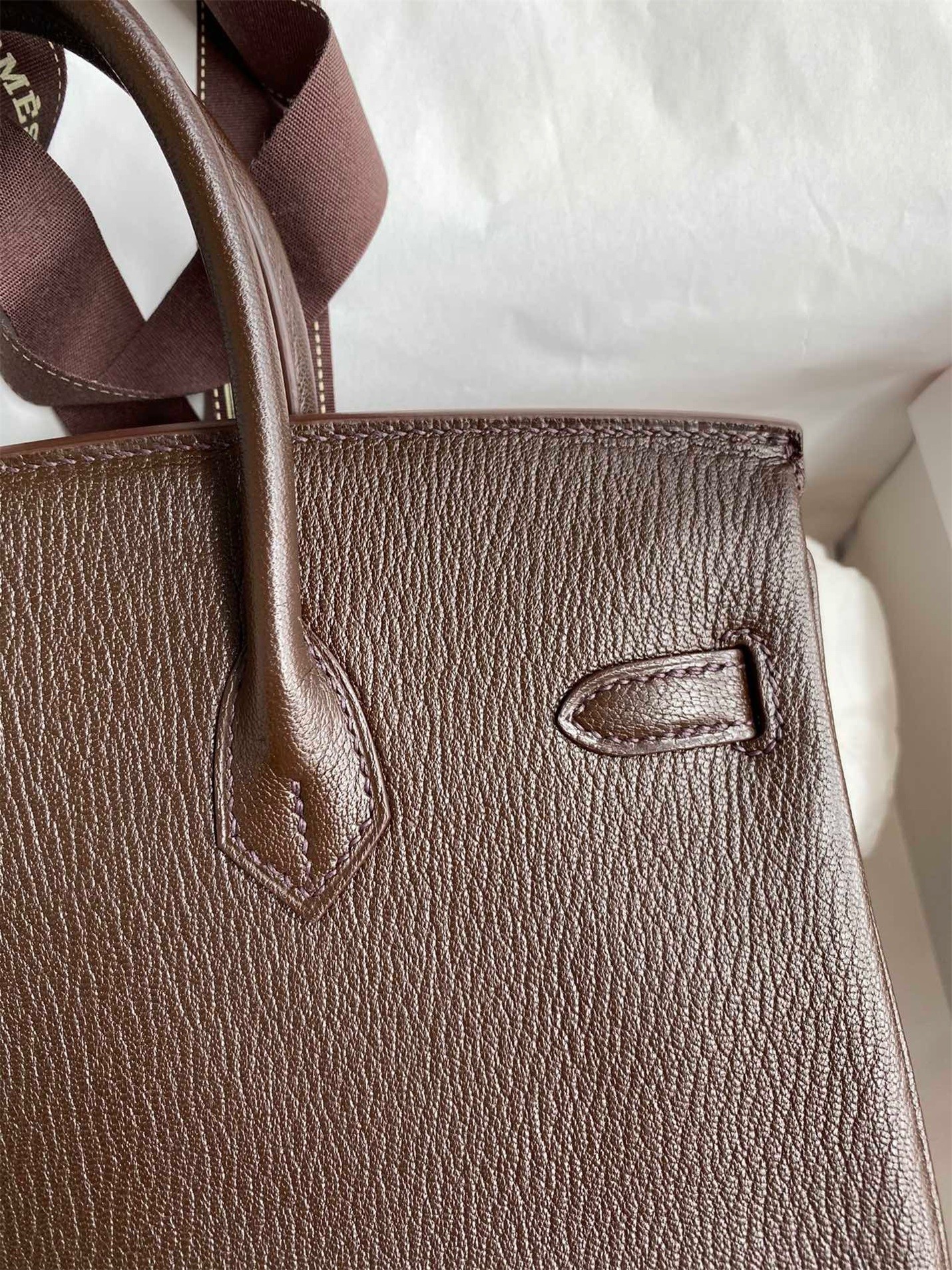 H**mes birkin 25 retourne handmade bag in chocolat chevre mysore leather