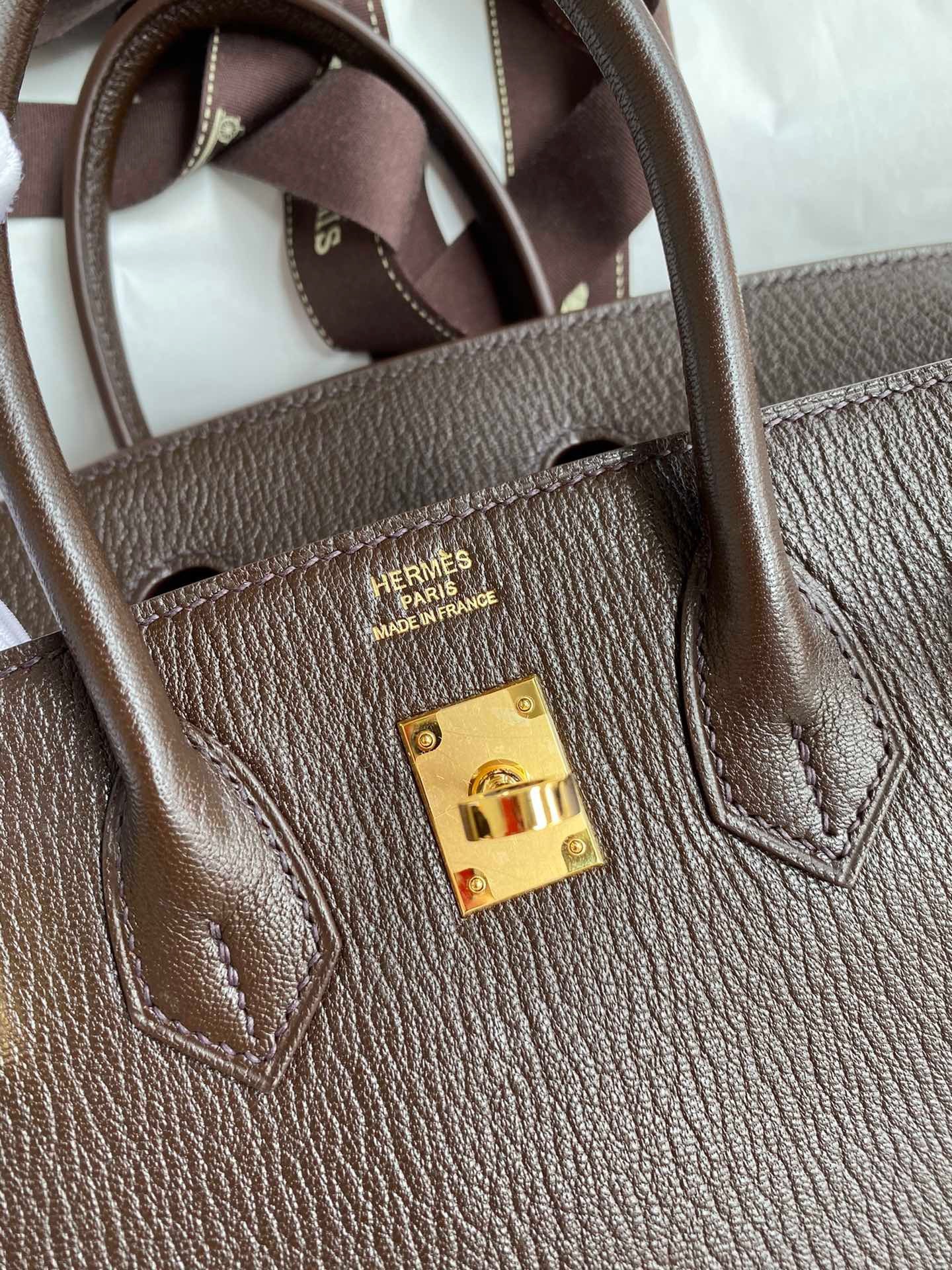 H**mes birkin 25 retourne handmade bag in chocolat chevre mysore leather