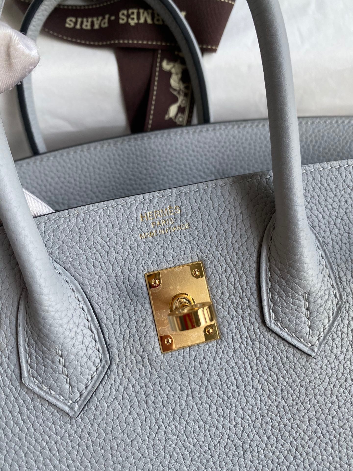 H**mes birkin 25 retourne handmade bag in blue glacier clemence leather