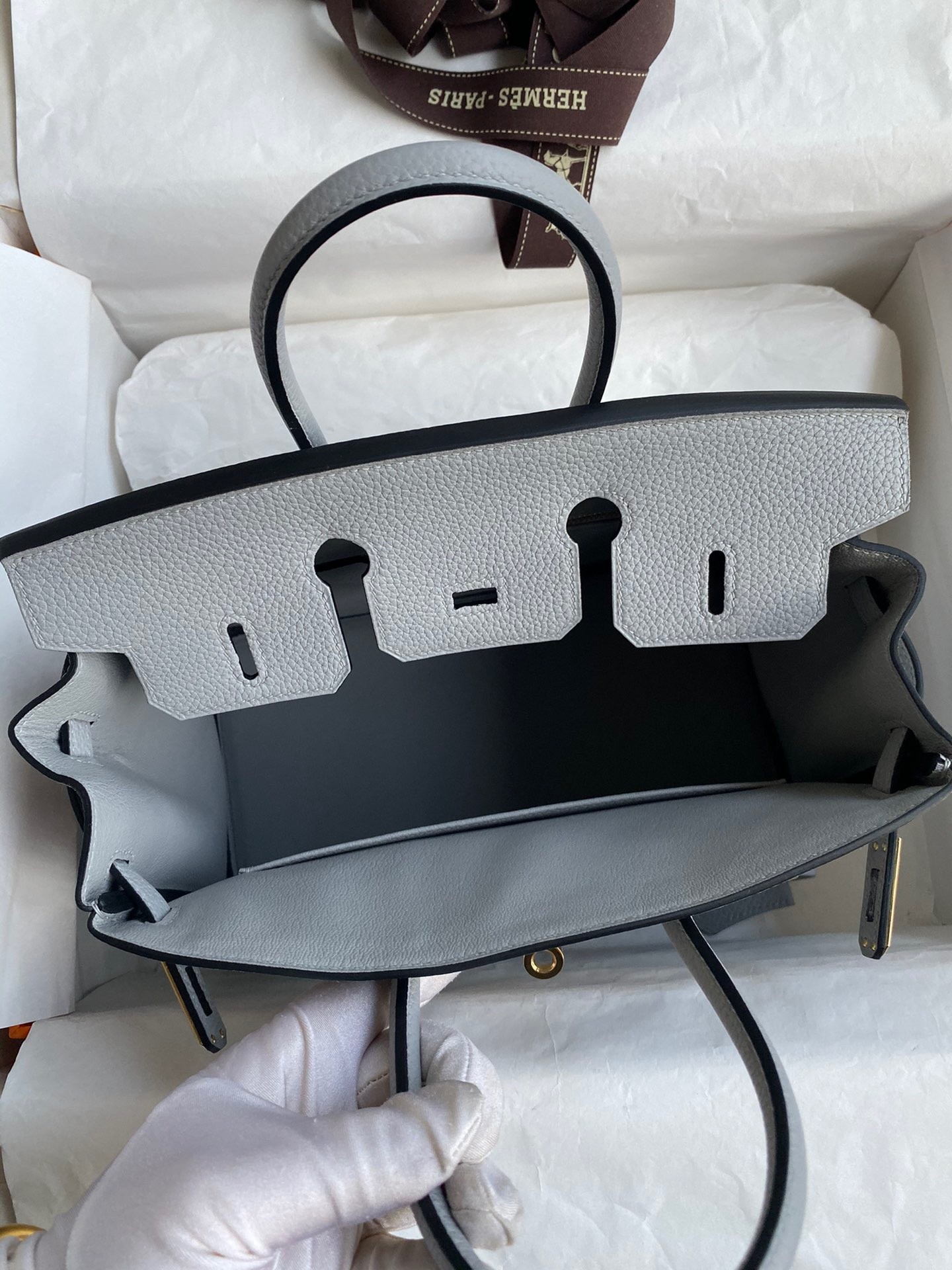 H**mes birkin 25 retourne handmade bag in blue glacier clemence leather