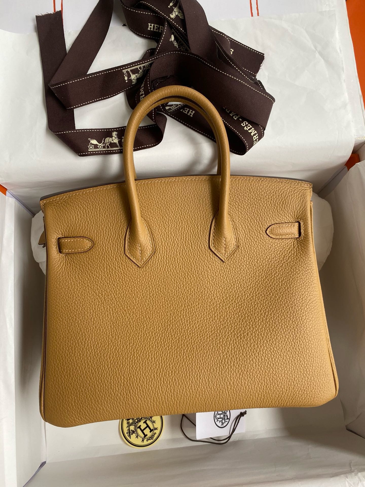 H**mes birkin 25 retourne handmade bag in biscuit clemence leather