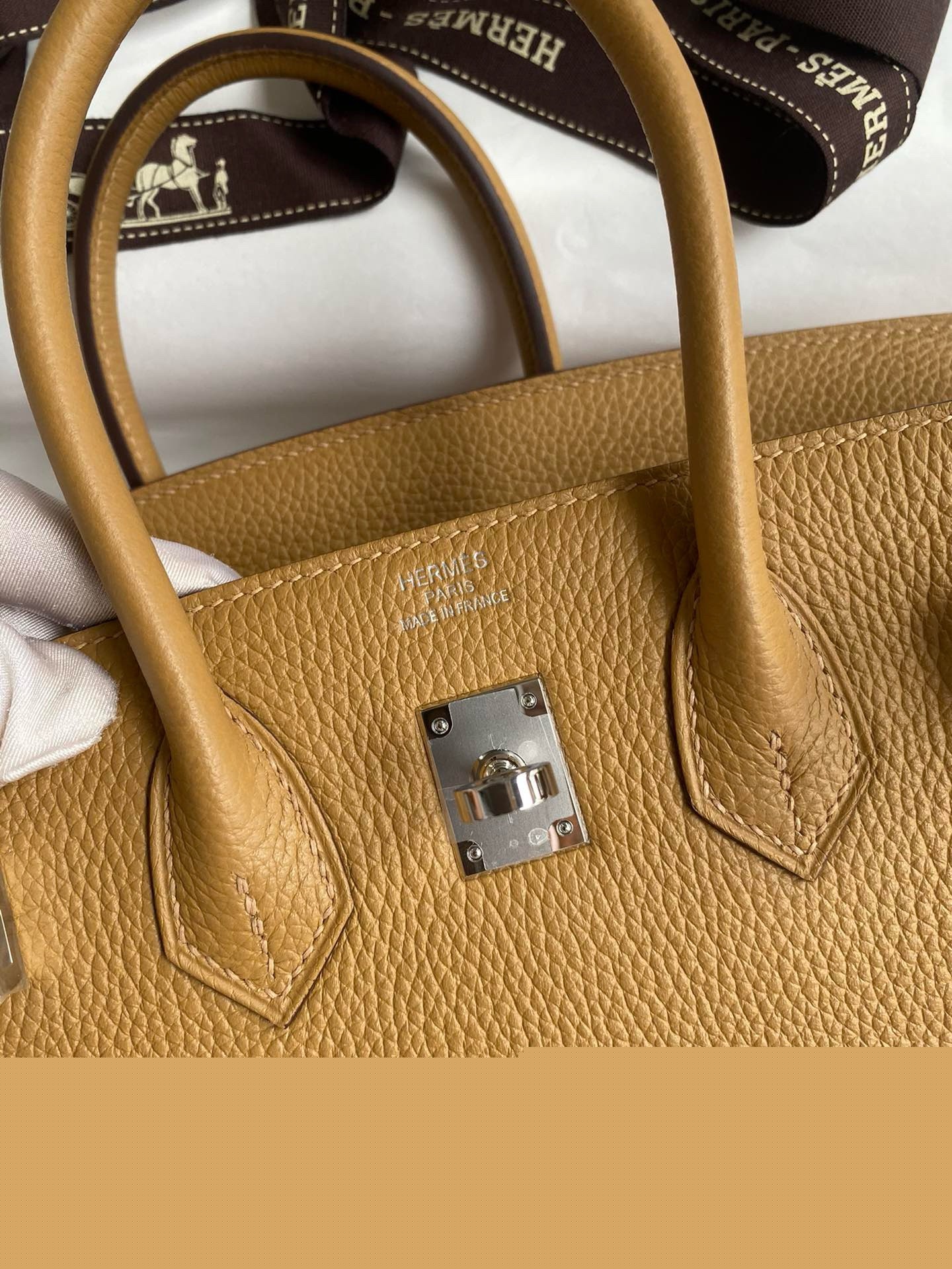 H**mes birkin 25 retourne handmade bag in biscuit clemence leather