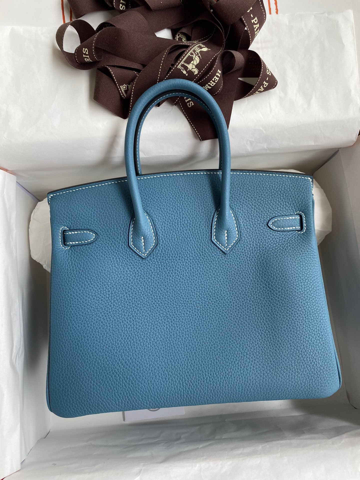 H**mes birkin 25 retourne handmade bag in blue jean clemence leather