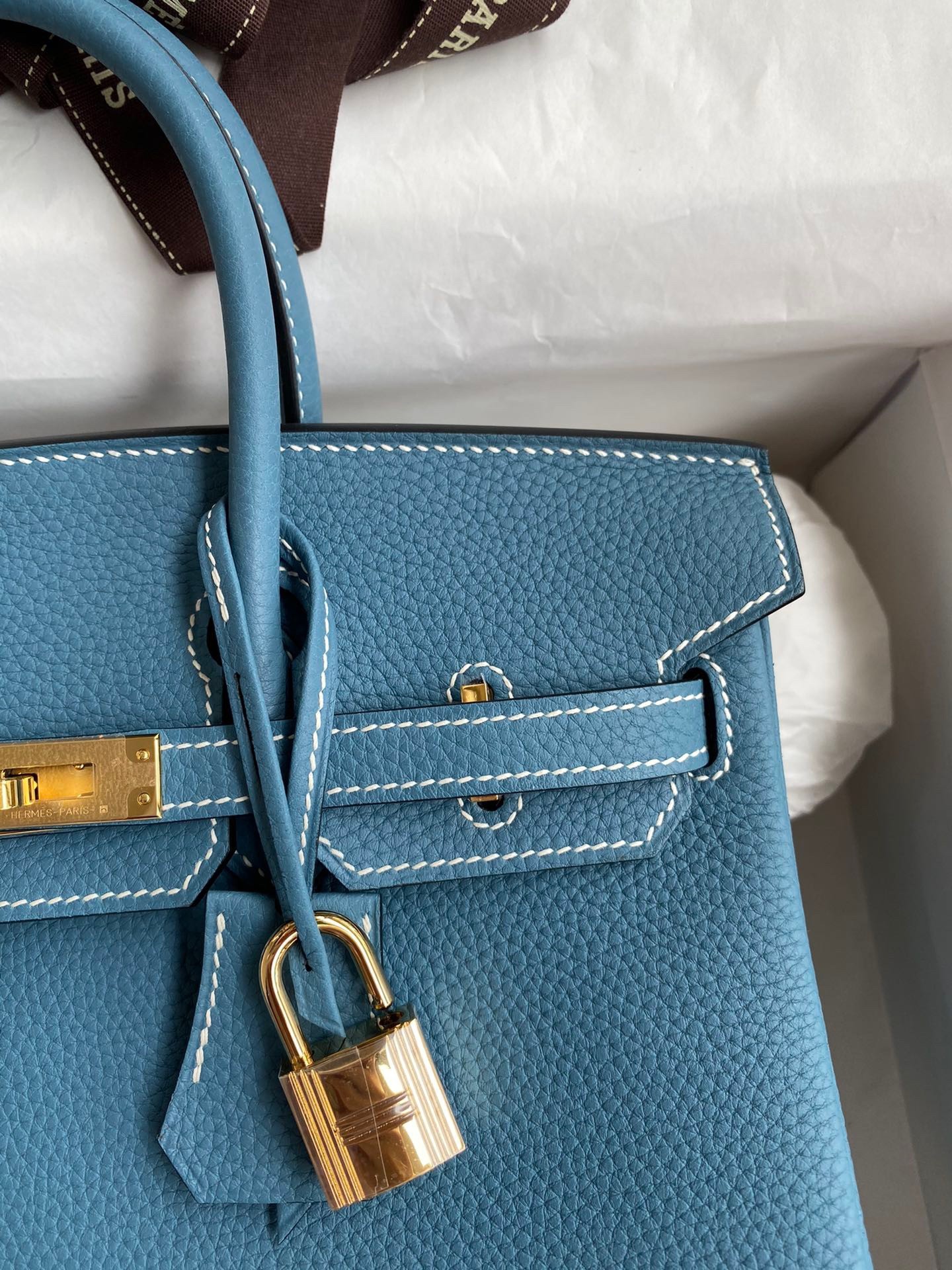 H**mes birkin 25 retourne handmade bag in blue jean clemence leather
