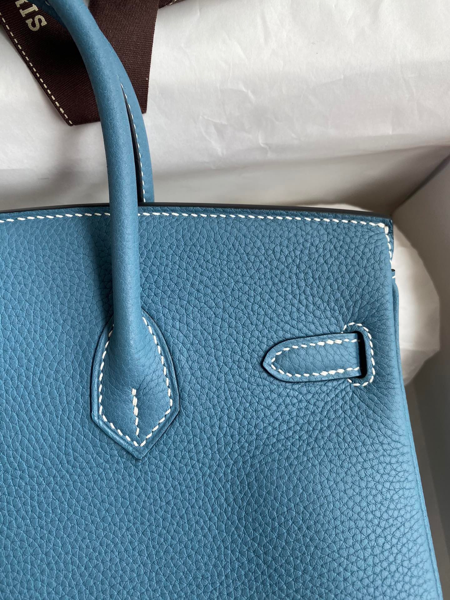 H**mes birkin 25 retourne handmade bag in blue jean clemence leather
