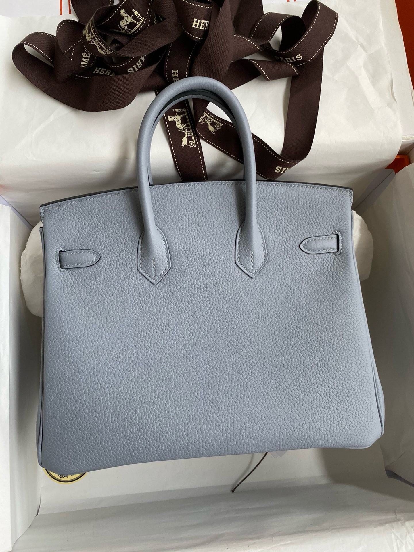 H**mes birkin 25 retourne handmade bag in blue lin clemence leather