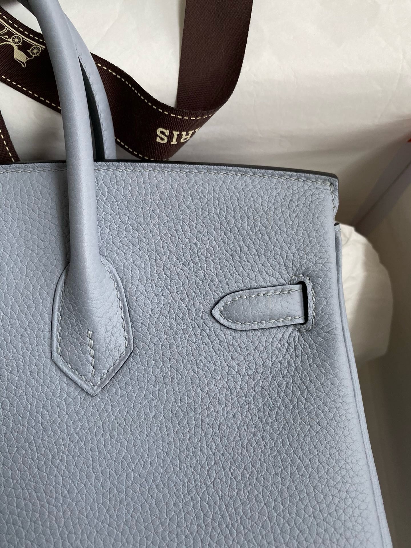 H**mes birkin 25 retourne handmade bag in blue lin clemence leather