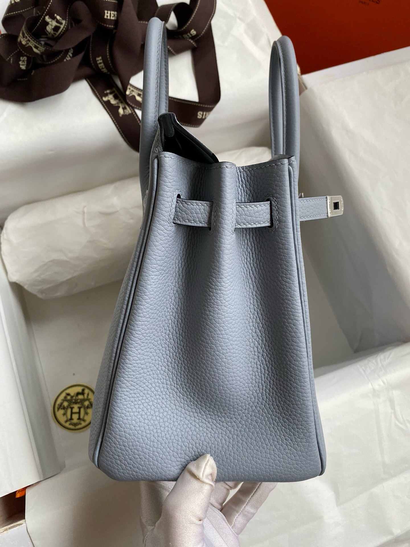 H**mes birkin 25 retourne handmade bag in blue lin clemence leather