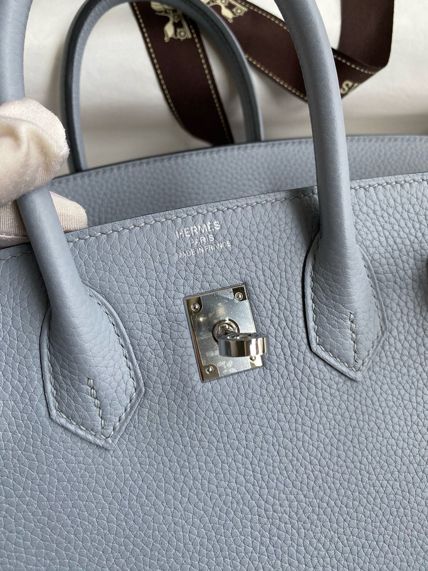 H**mes birkin 25 retourne handmade bag in blue lin clemence leather