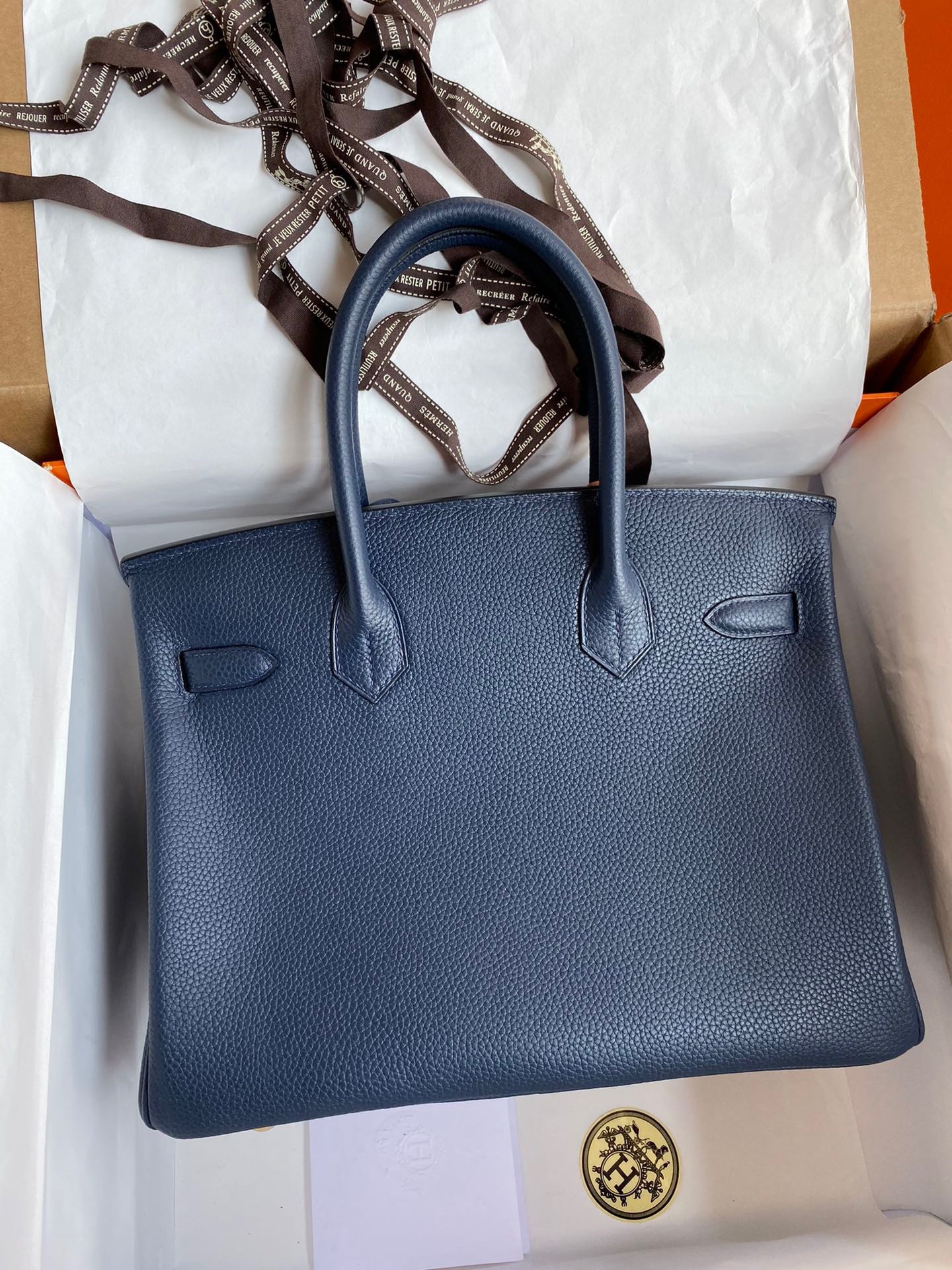 H**mes birkin 25 retourne handmade bag in blue saphir clemence leather