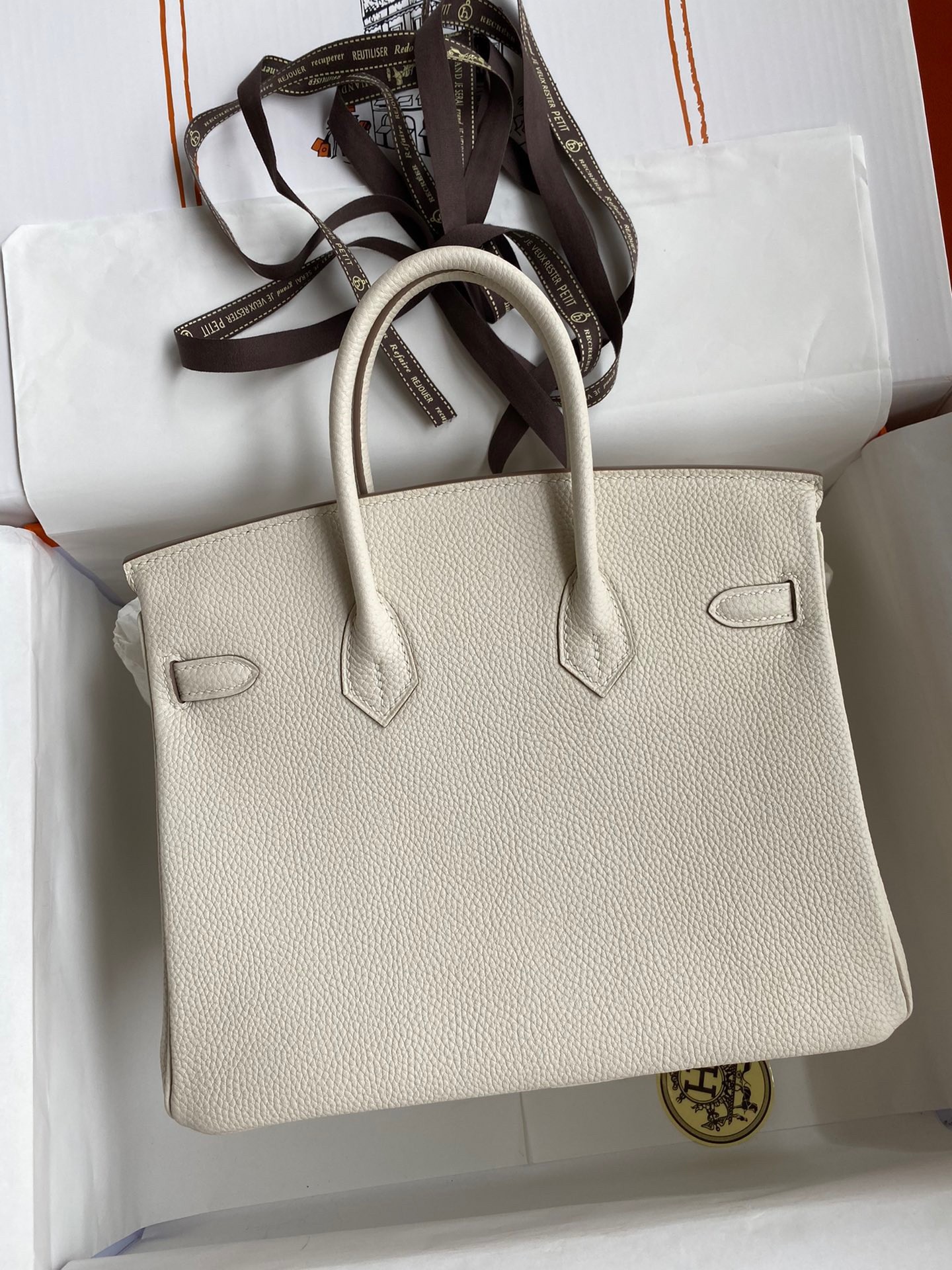 H**mes birkin 25 retourne handmade bag in craie clemence leather