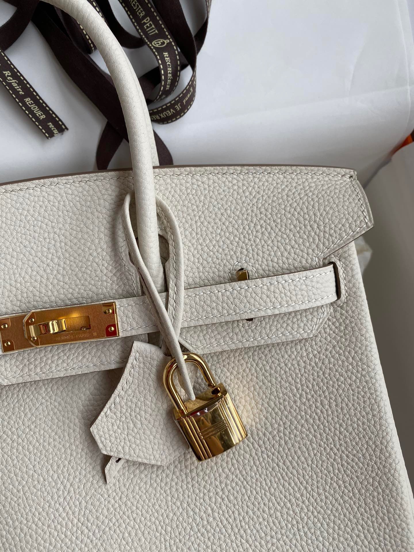 H**mes birkin 25 retourne handmade bag in craie clemence leather