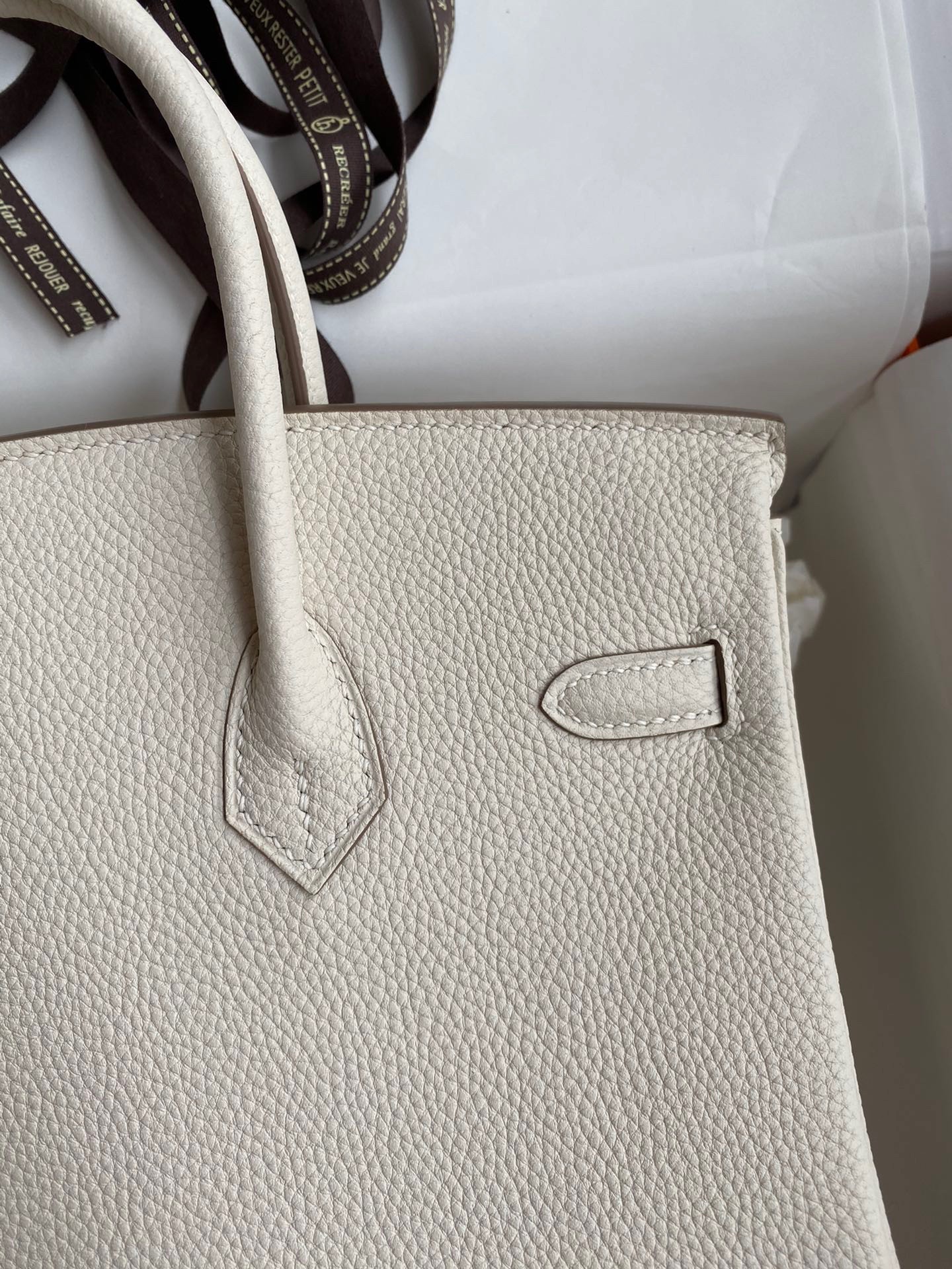 H**mes birkin 25 retourne handmade bag in craie clemence leather