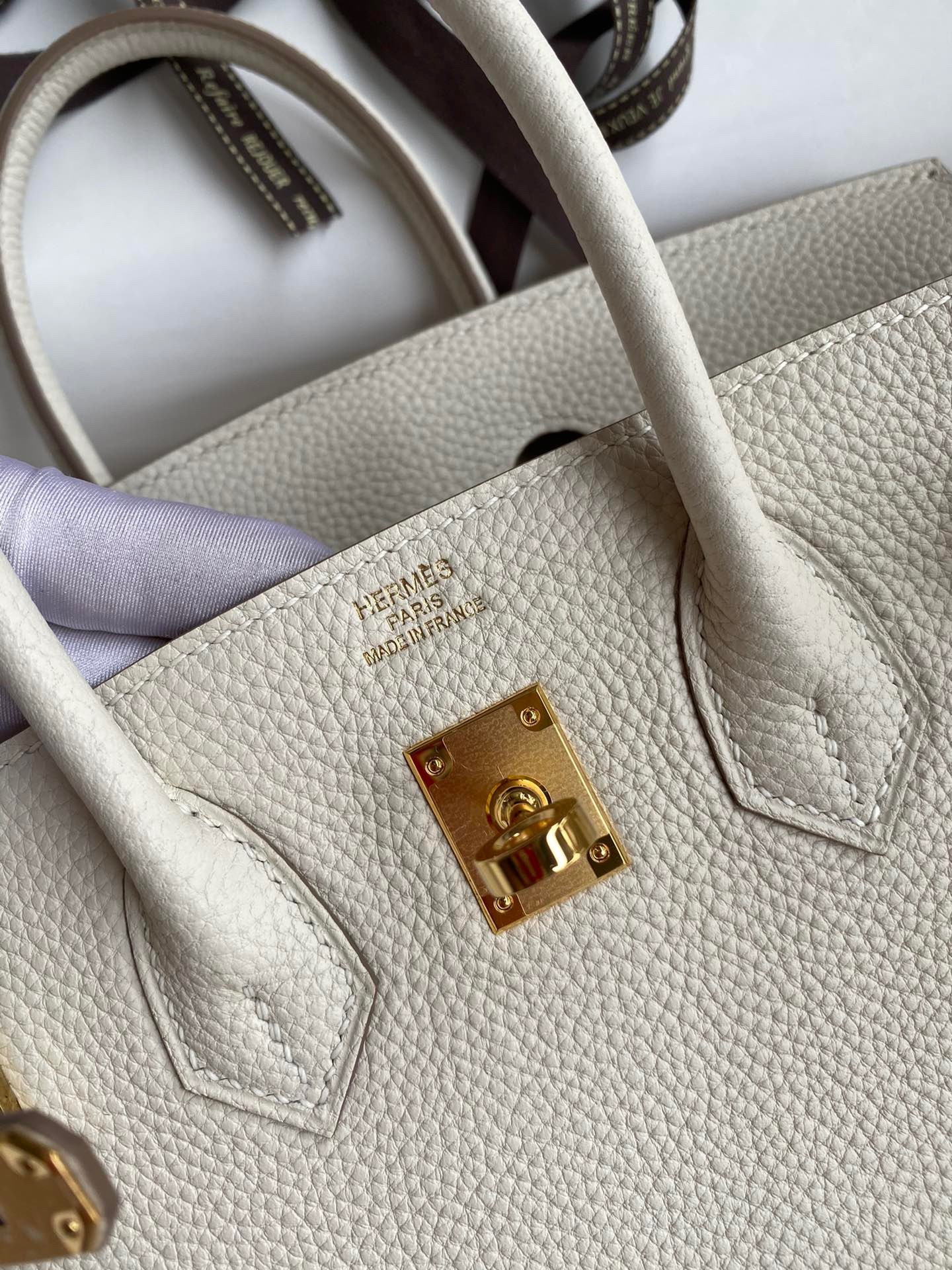 H**mes birkin 25 retourne handmade bag in craie clemence leather