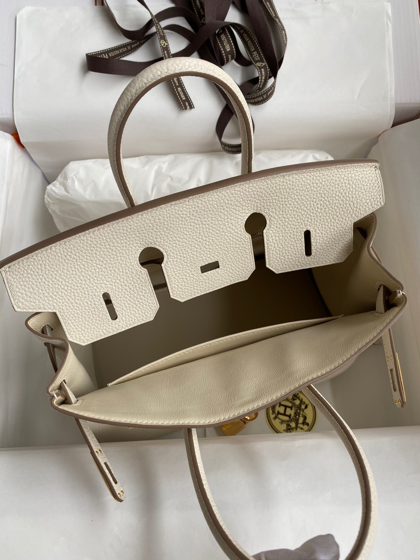 H**mes birkin 25 retourne handmade bag in craie clemence leather