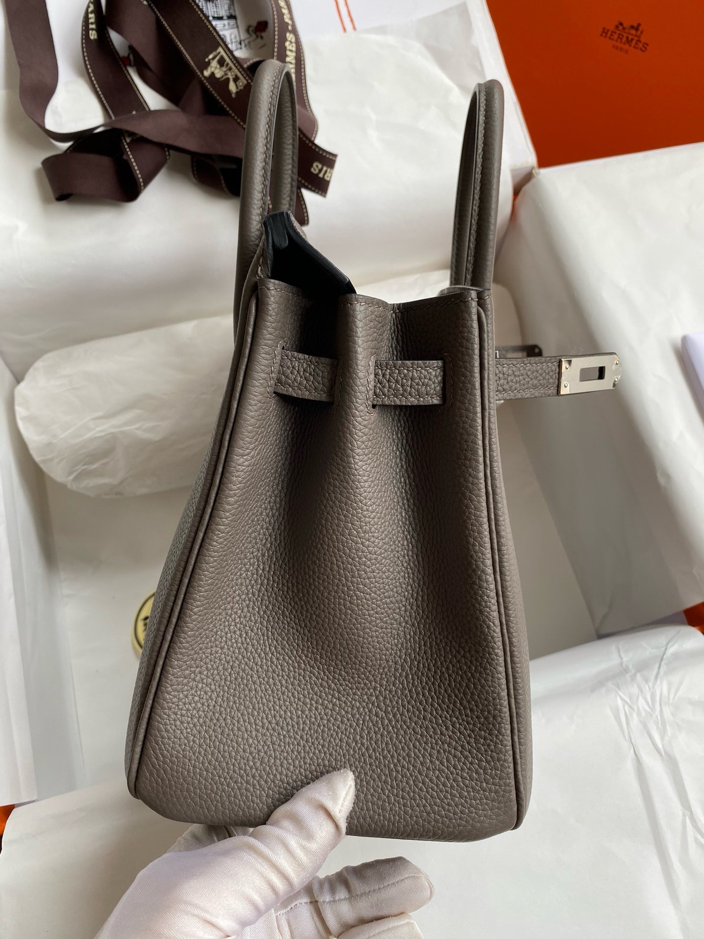 H**mes birkin 25 retourne handmade bag in etain clemence leather