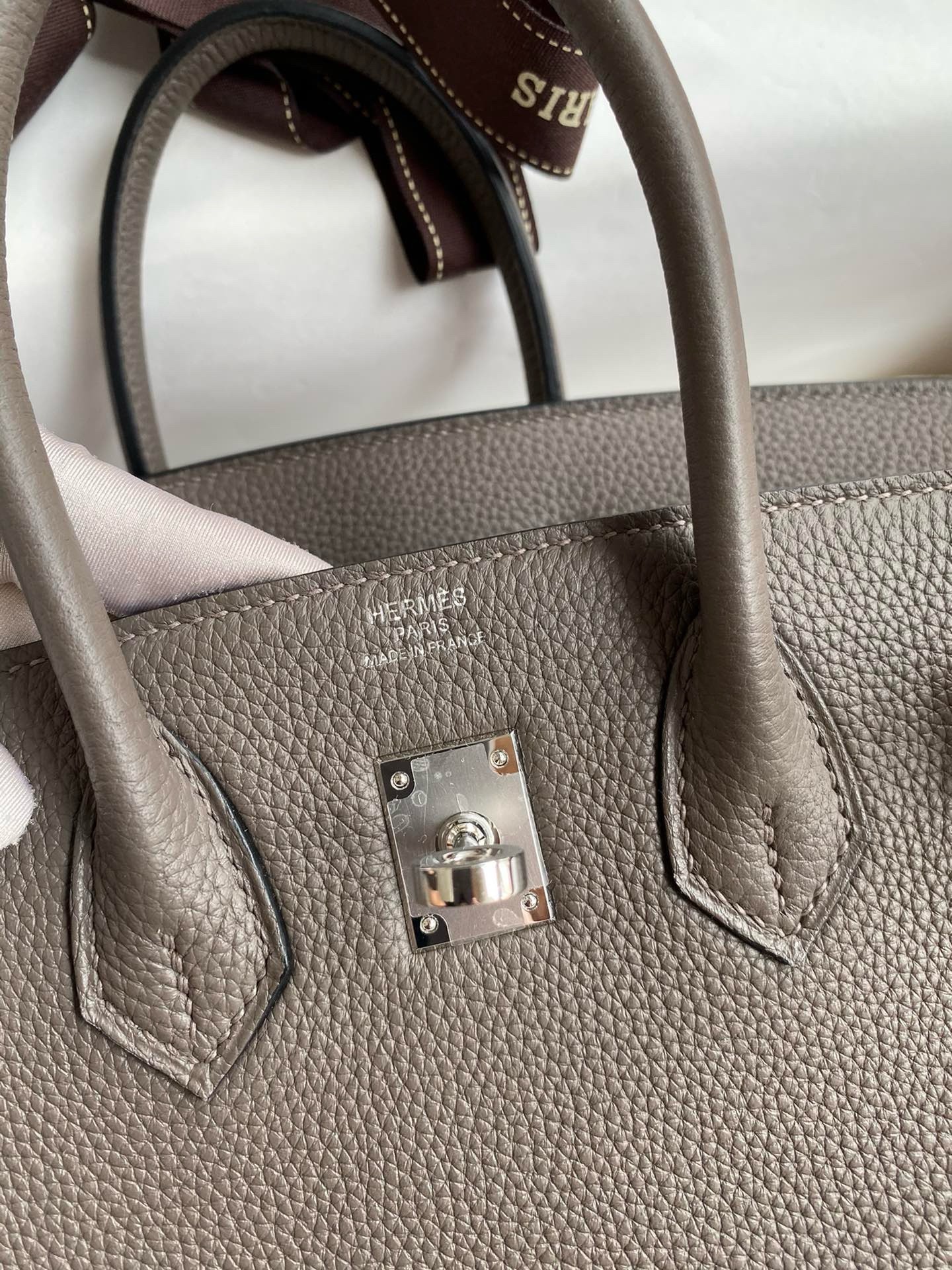 H**mes birkin 25 retourne handmade bag in etain clemence leather