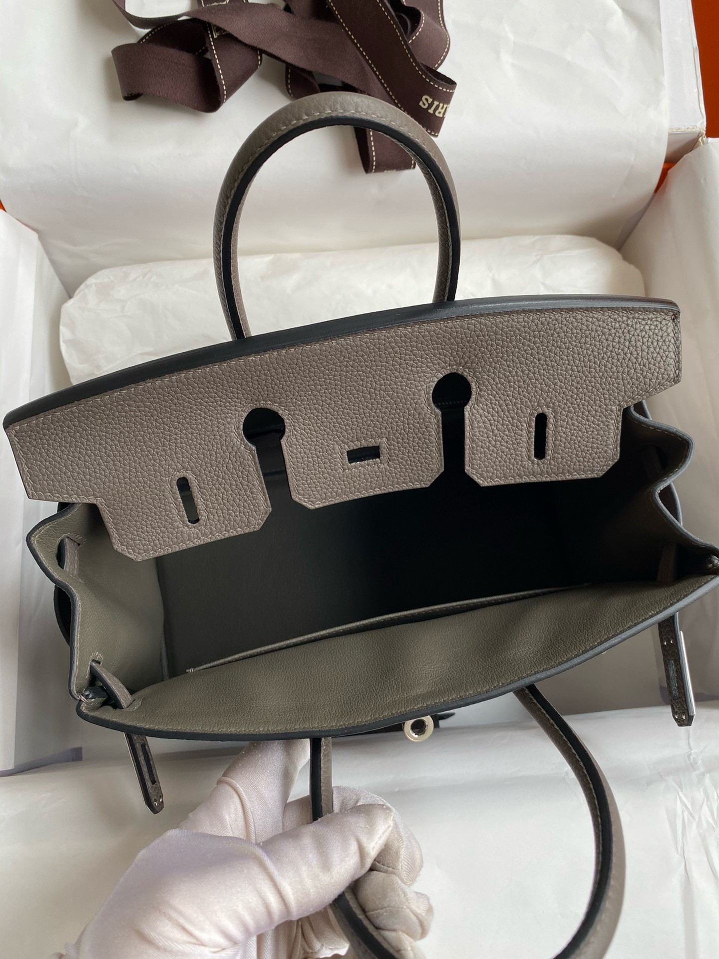 H**mes birkin 25 retourne handmade bag in etain clemence leather