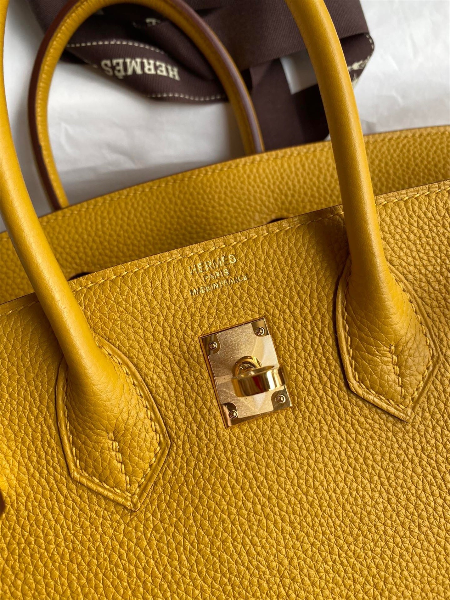 H**mes birkin 25 retourne handmade bag in jaune ambre clemence leather
