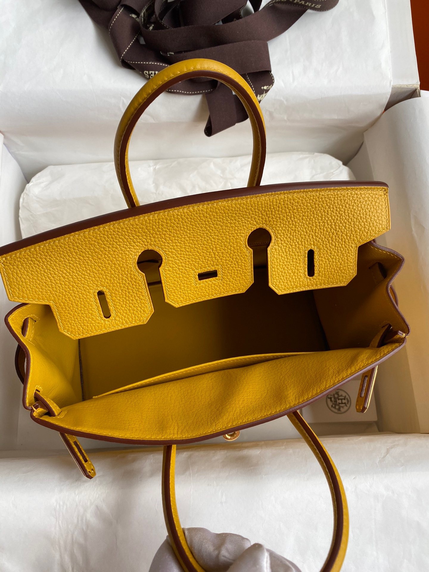 H**mes birkin 25 retourne handmade bag in jaune ambre clemence leather