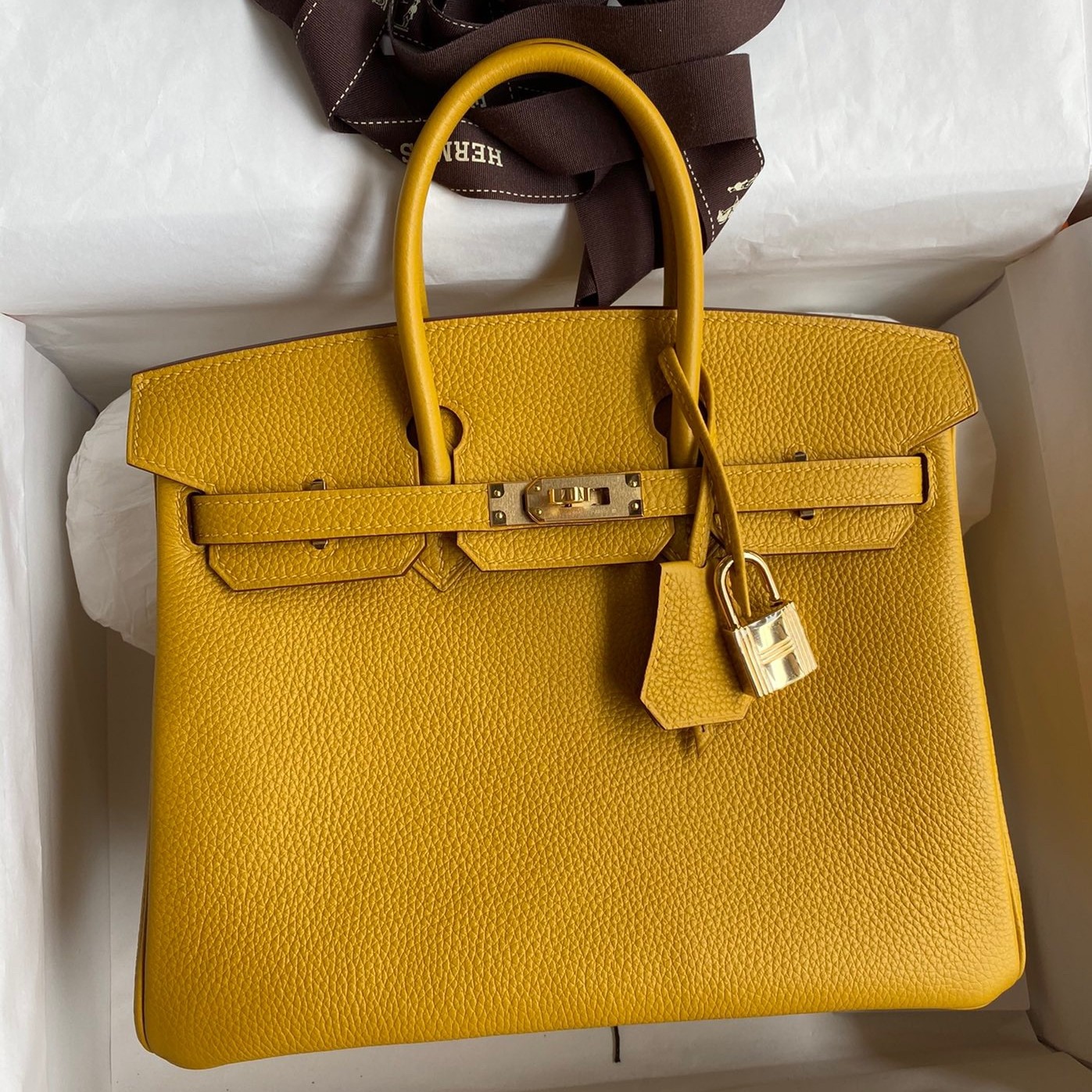 H**mes birkin 25 retourne handmade bag in jaune ambre clemence leather