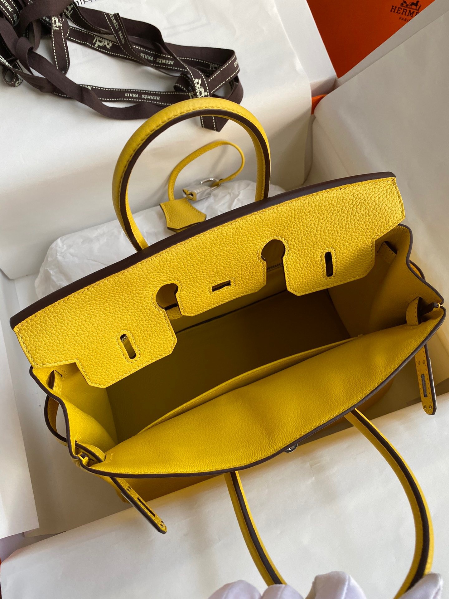 H**mes birkin 25 retourne handmade bag in jaune de naples clemence leather