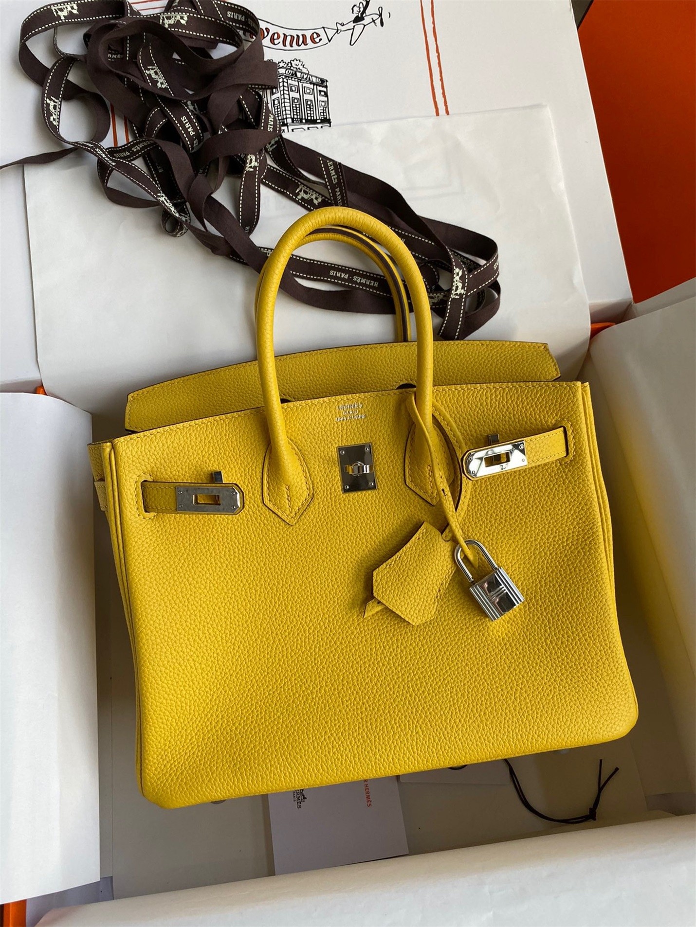 H**mes birkin 25 retourne handmade bag in jaune de naples clemence leather