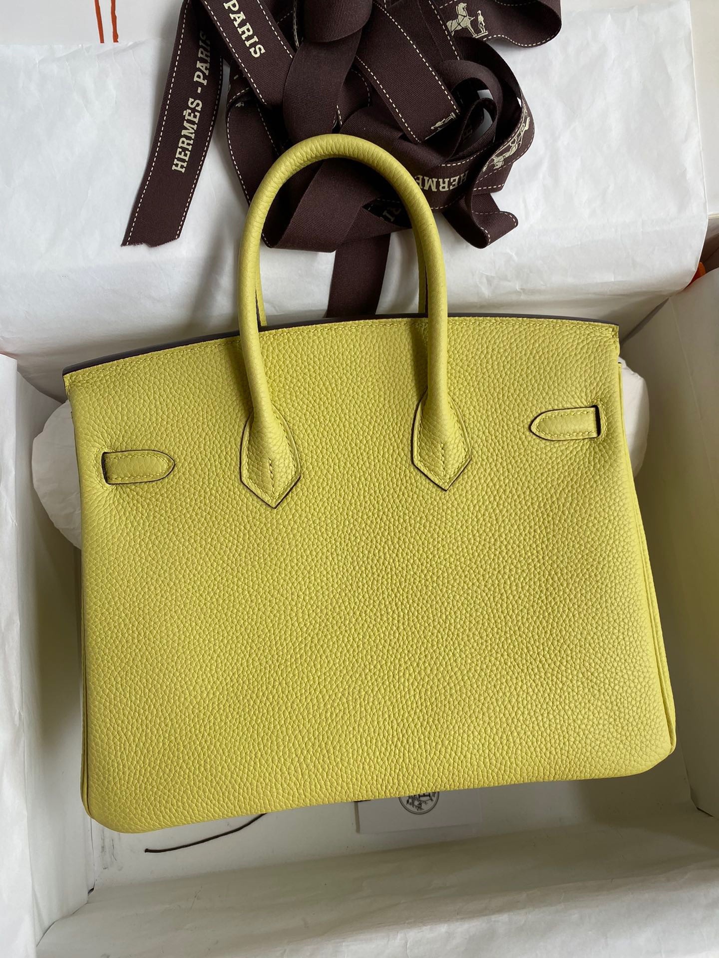 H**mes birkin 25 retourne handmade bag in jaune poussin clemence leather