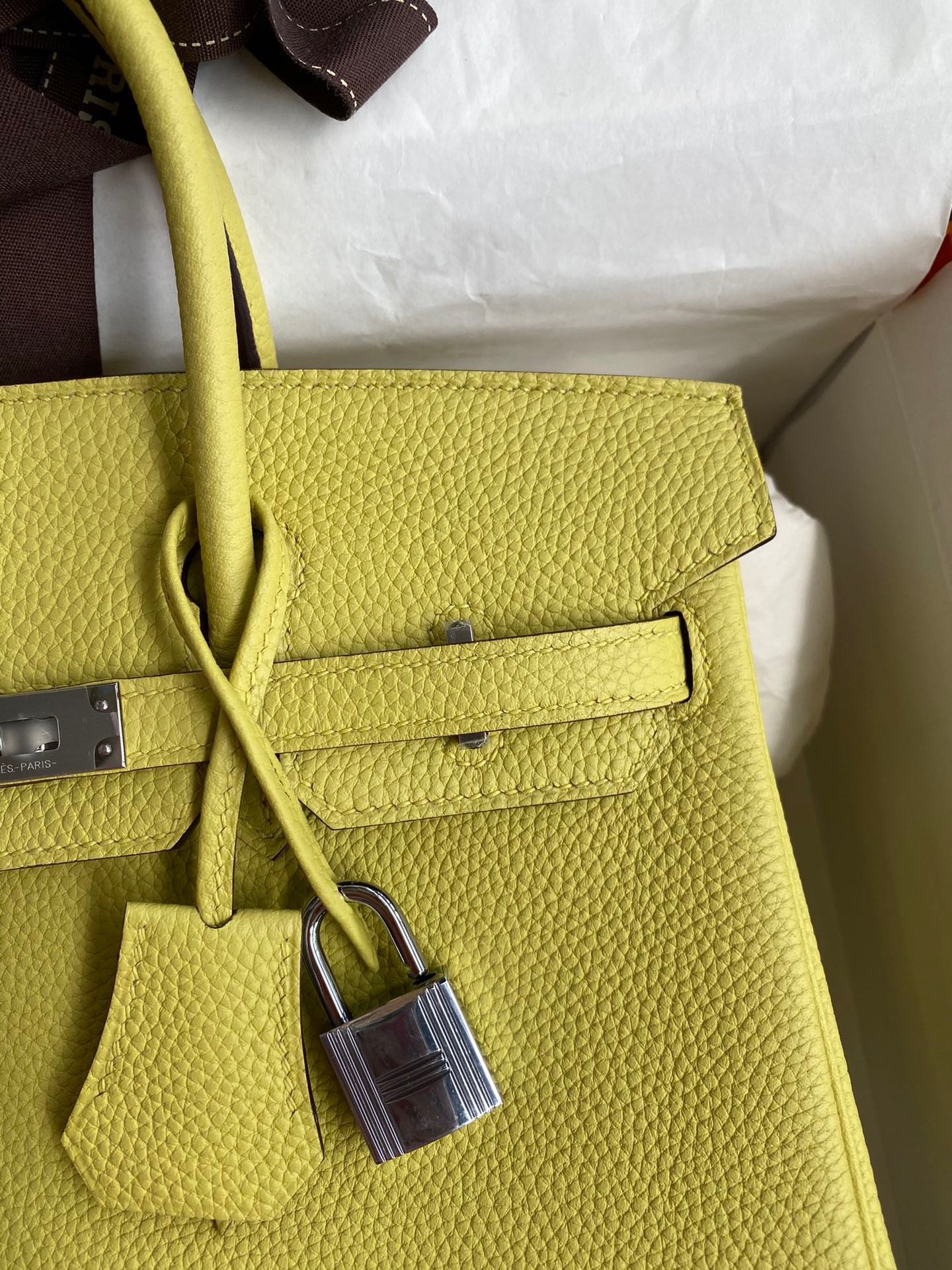 H**mes birkin 25 retourne handmade bag in jaune poussin clemence leather