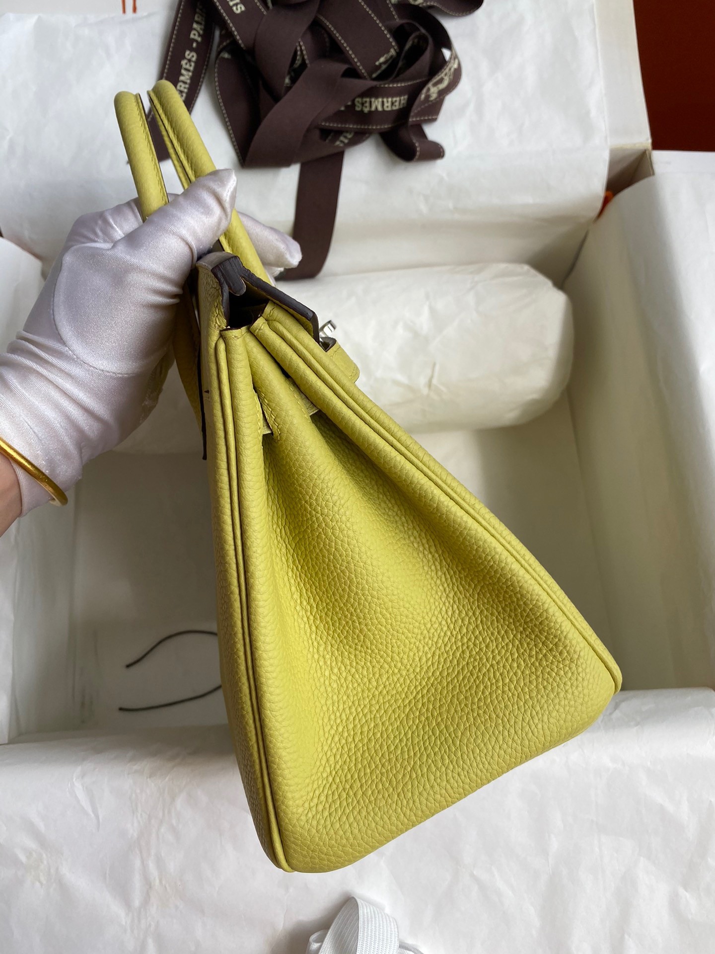 H**mes birkin 25 retourne handmade bag in jaune poussin clemence leather