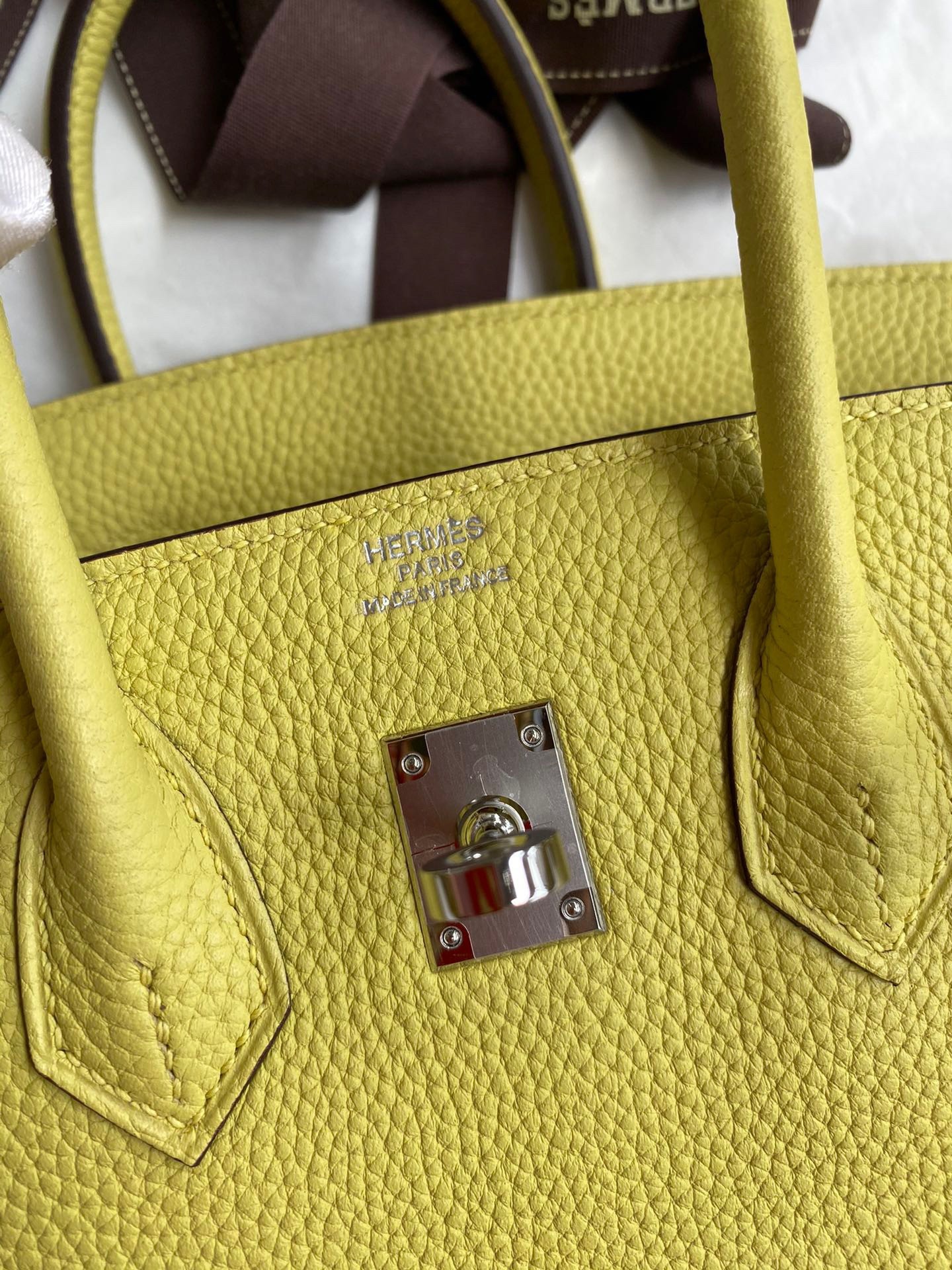 H**mes birkin 25 retourne handmade bag in jaune poussin clemence leather