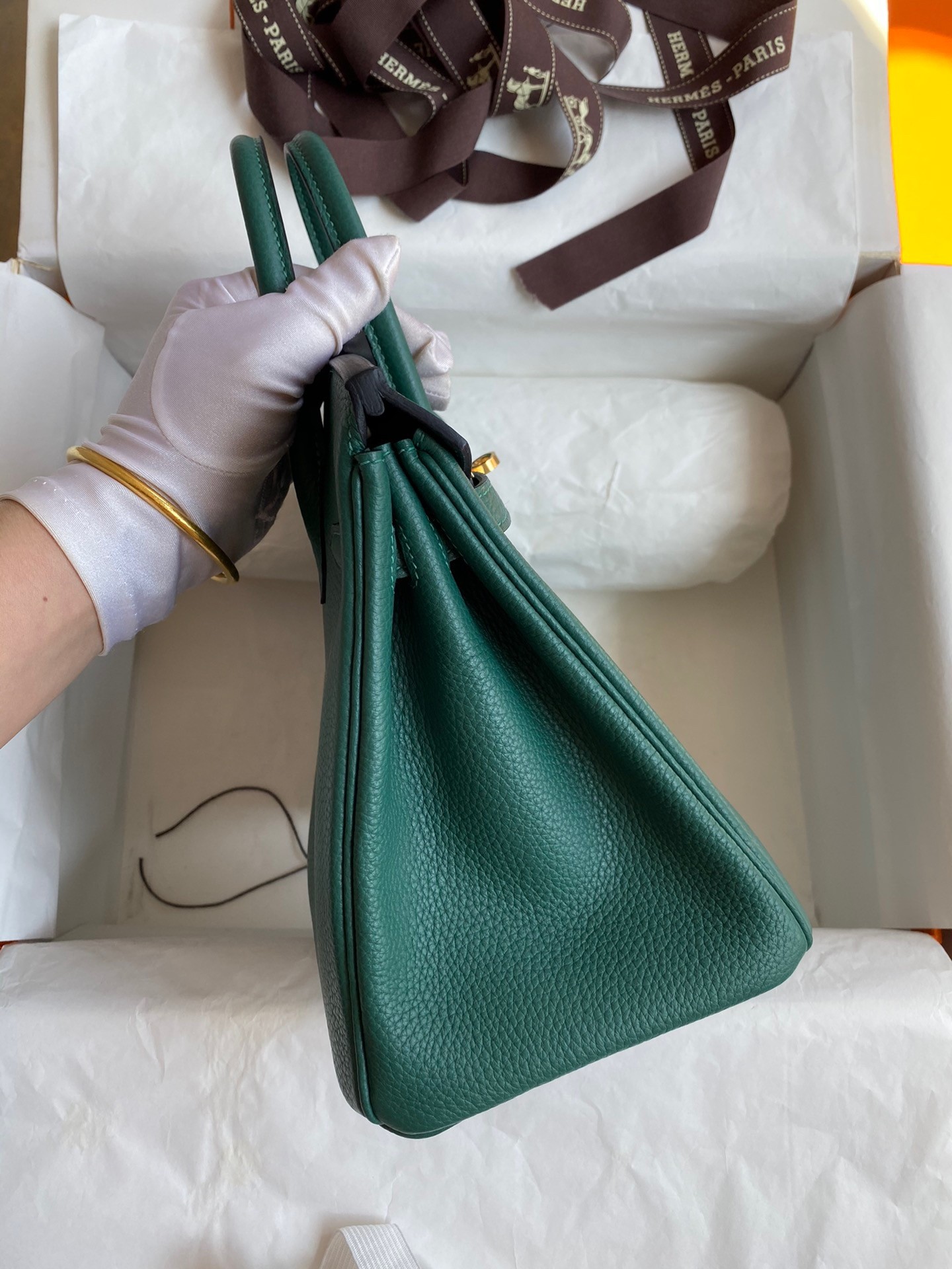 H**mes birkin 25 retourne handmade bag in malachite clemence leather