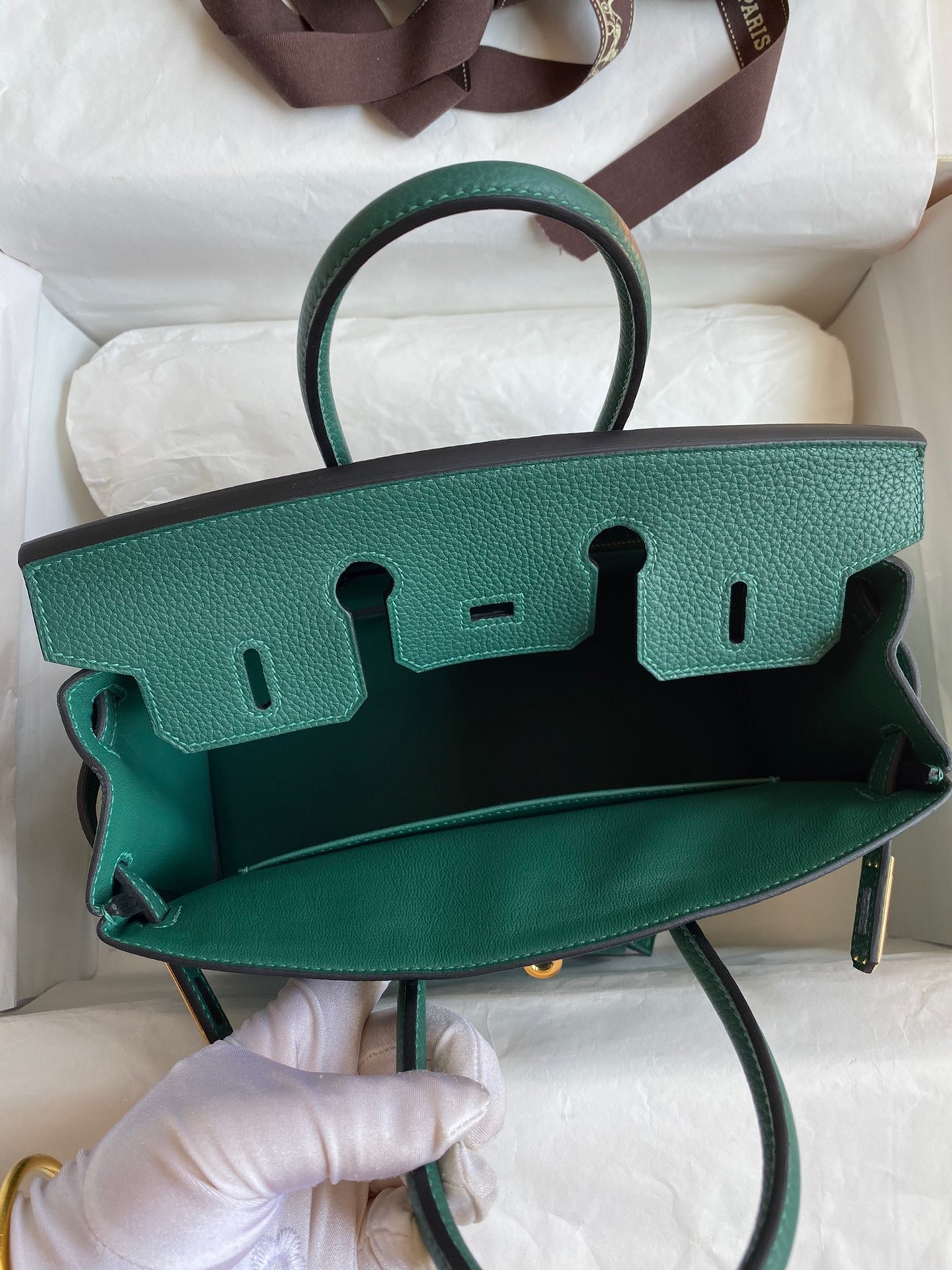 H**mes birkin 25 retourne handmade bag in malachite clemence leather