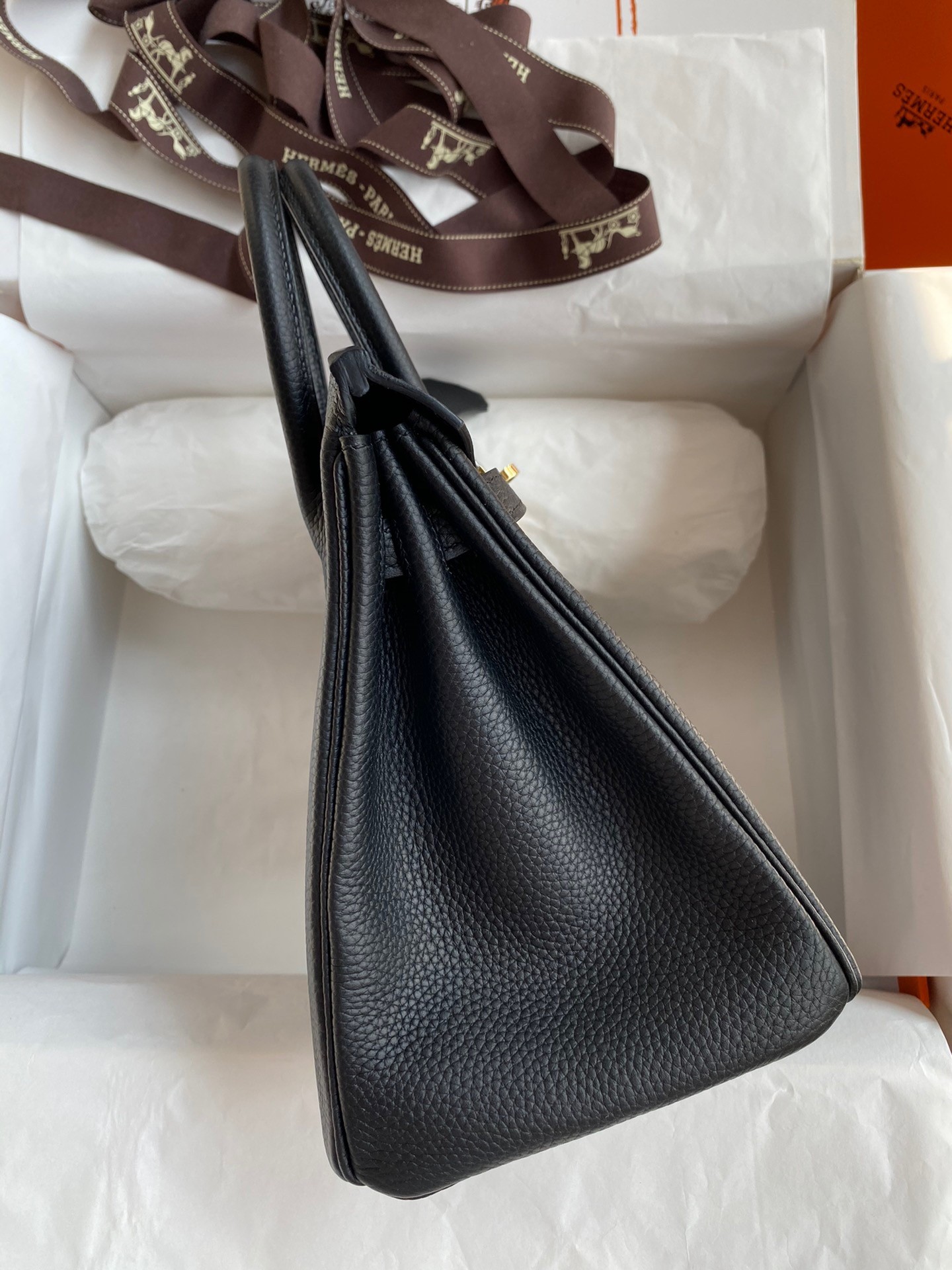 H**mes birkin 25 retourne handmade bag in black clemence leather