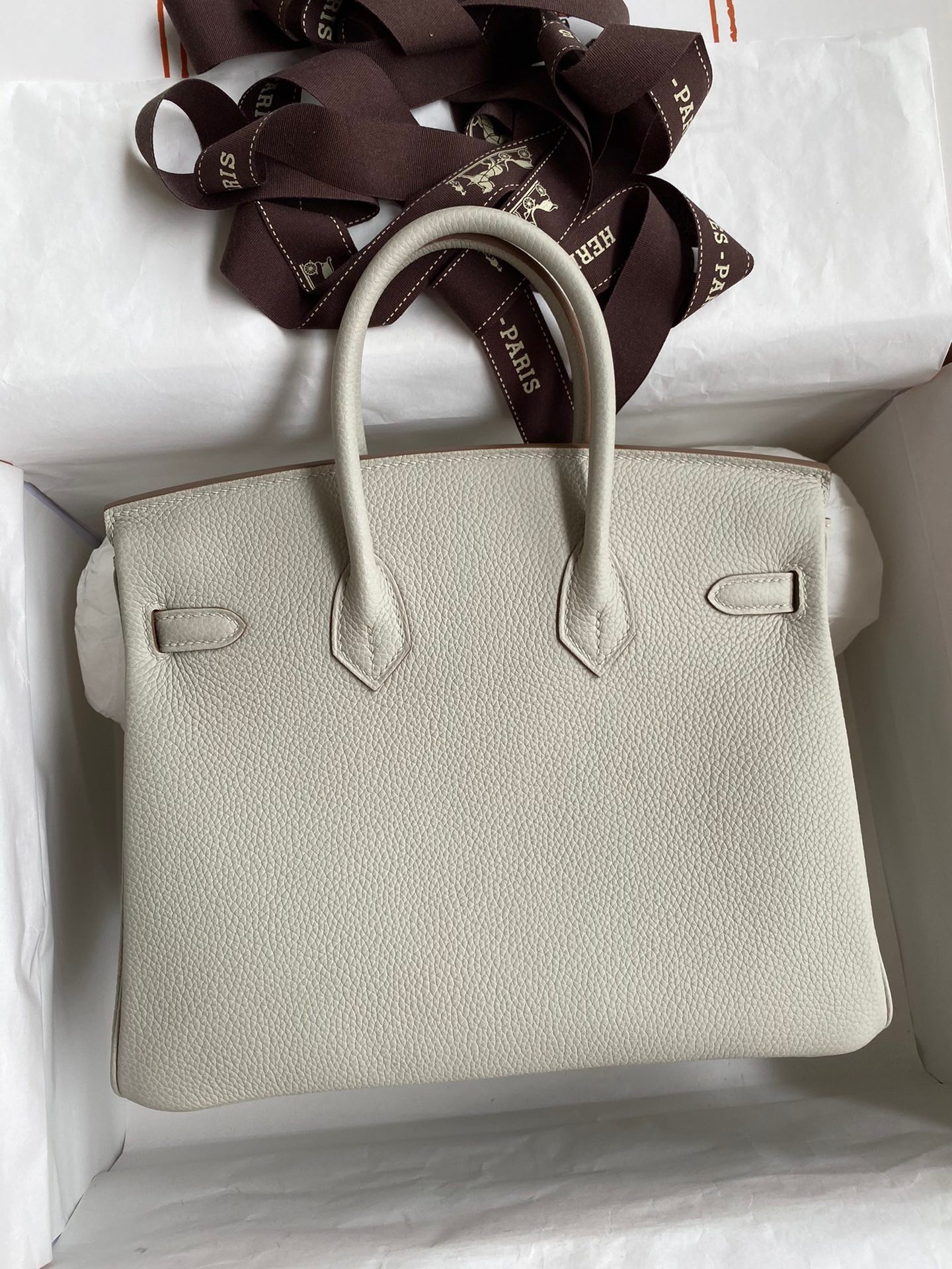 H**mes birkin 25 retourne handmade bag in pearl grey clemence leather